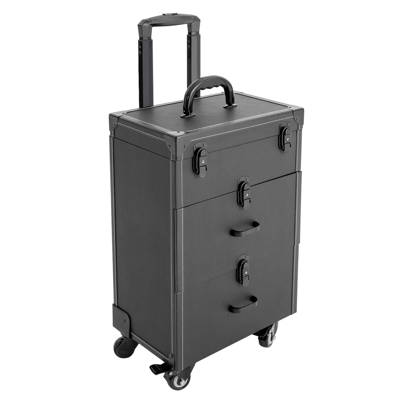 ZhdnBhnos Makeup Train Case Rolling Cosmetic Trolley Nail Polish Storage Organizer Luggage Box w/ 4 Wheels & Lock (Black)