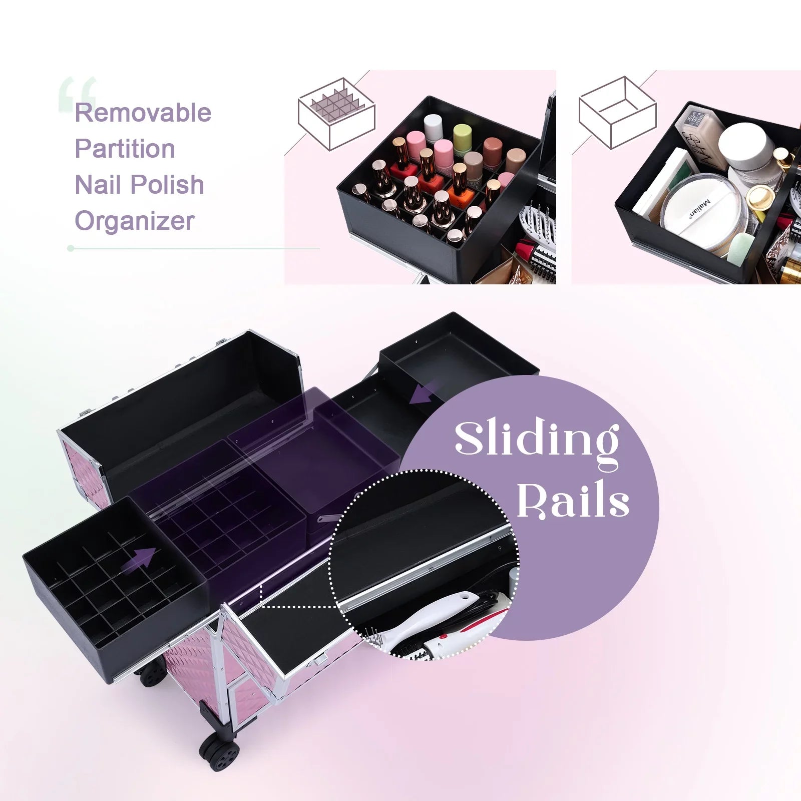 Joligrace Professional Rolling Makeup Case Cosmetic Trolley with Drawers, Pink