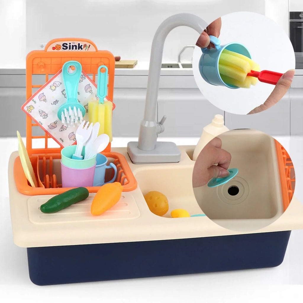 Kitchen Sink Toys Children Electric Dishwasher Playing Toy With Running Fluid Automatic Liquid Cycle System Play House Pretend Role Play Toys for Boys Girls Alphabet Board Game Board for Toddlers