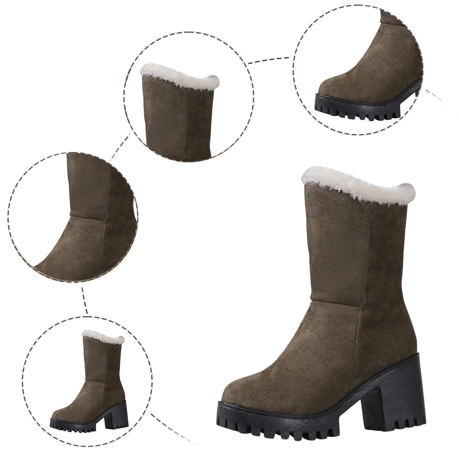 Wide Womens Hiking Boots Ladies Fashion Winter Plush Warm Solid Suede Thick High Heel Cotton Boots
