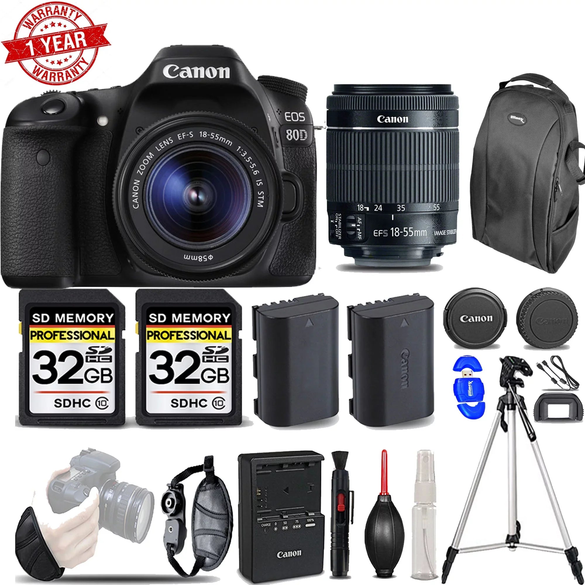 Eos 80D DSLR Camera with 18-55mm STM Lens | Wrist Grip | Ext Battery -64GB Kit