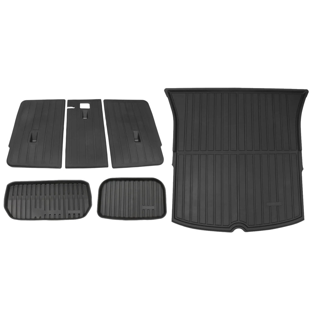 Ikon Motorsports Trunk Mats + Protector Backrest Covers Compatible with 2020-2023 Tesla Model Y Black Injection TPE All Weather Liquid Anti-Slip Frunk Trunk Under Cargo Storage Liner Mat