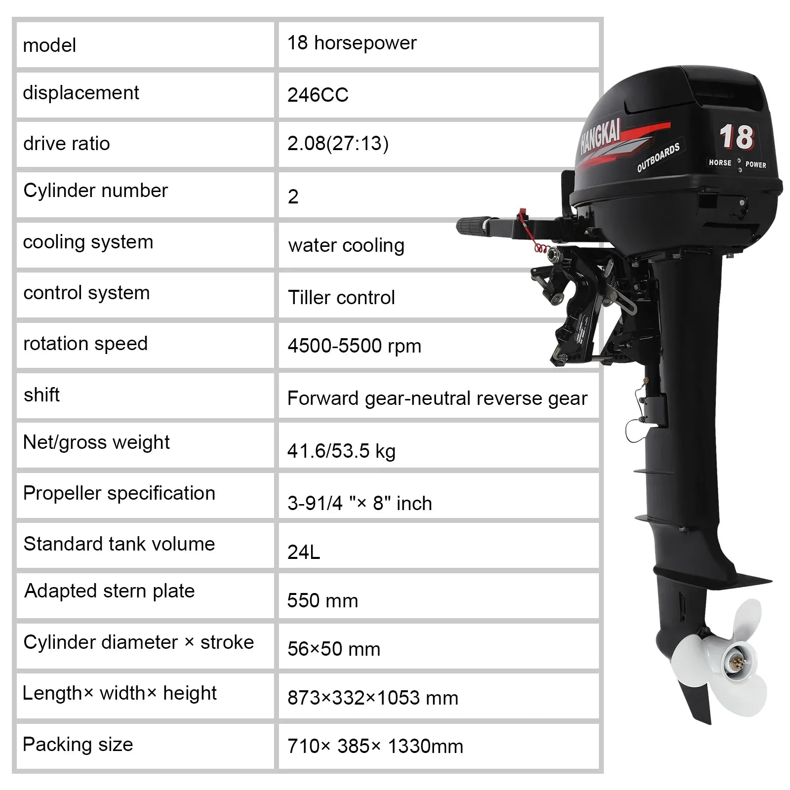 Wuzstar Outboard Motor, 2 Stroke 18 246cc Long Shaft Boat Engine Aluminum Alloy Fishing Boat Motor w/CDI Liquid Cooling System