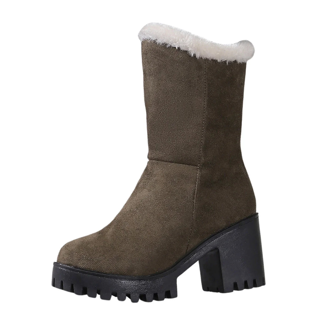 Wide Womens Hiking Boots Ladies Fashion Winter Plush Warm Solid Suede Thick High Heel Cotton Boots