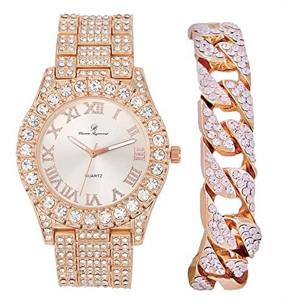 Charles Raymond Mens Silver Big Rocks with Roman Numerals Fully Iced Out Colorful Dial Wristwatch w/Blinged Out Cuban Shiny Silver Bracelet - ST10327 RN Cuban (Rose Gold)