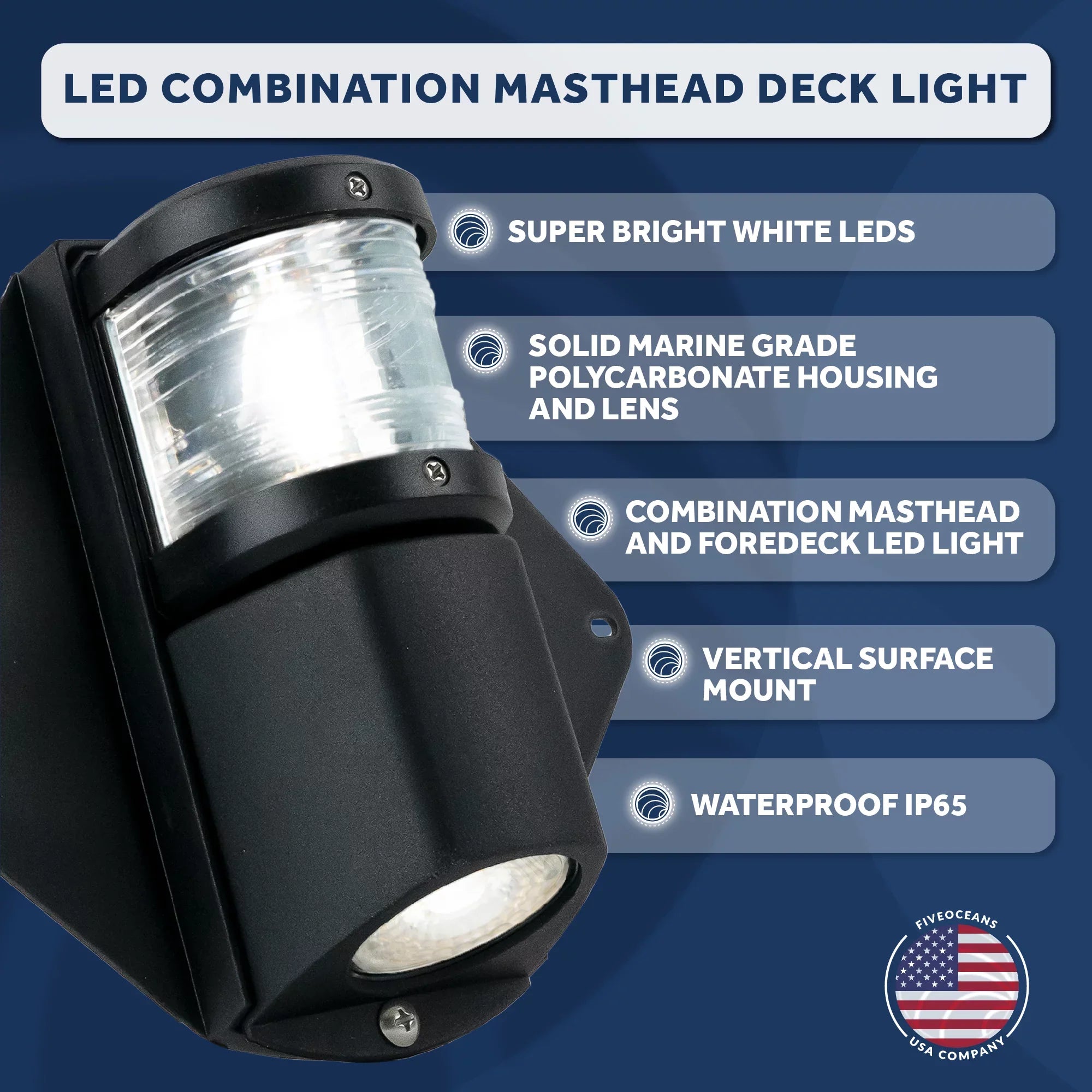 Five Oceans Combination Masthead and Deck Light, LED Masthead Deck Spreader Light, 12V, Vertical Mount for Sailboat - FO3837