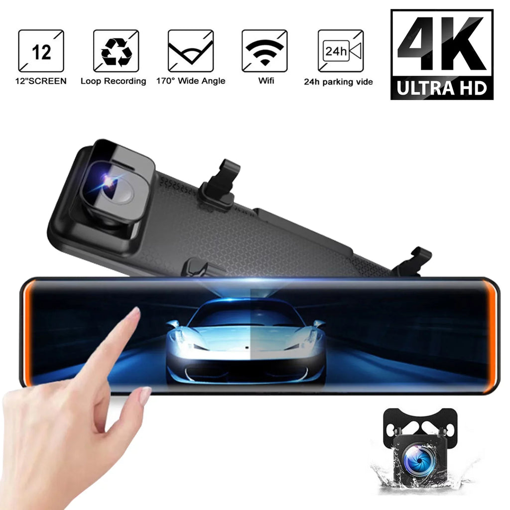 Car Rear View Mirror Camera Dual Dash Cam DVR Video Recorder Driving Recorder with Night Vision Panoramic Rearview Mirror with 4K 12" Full Touch Monitor