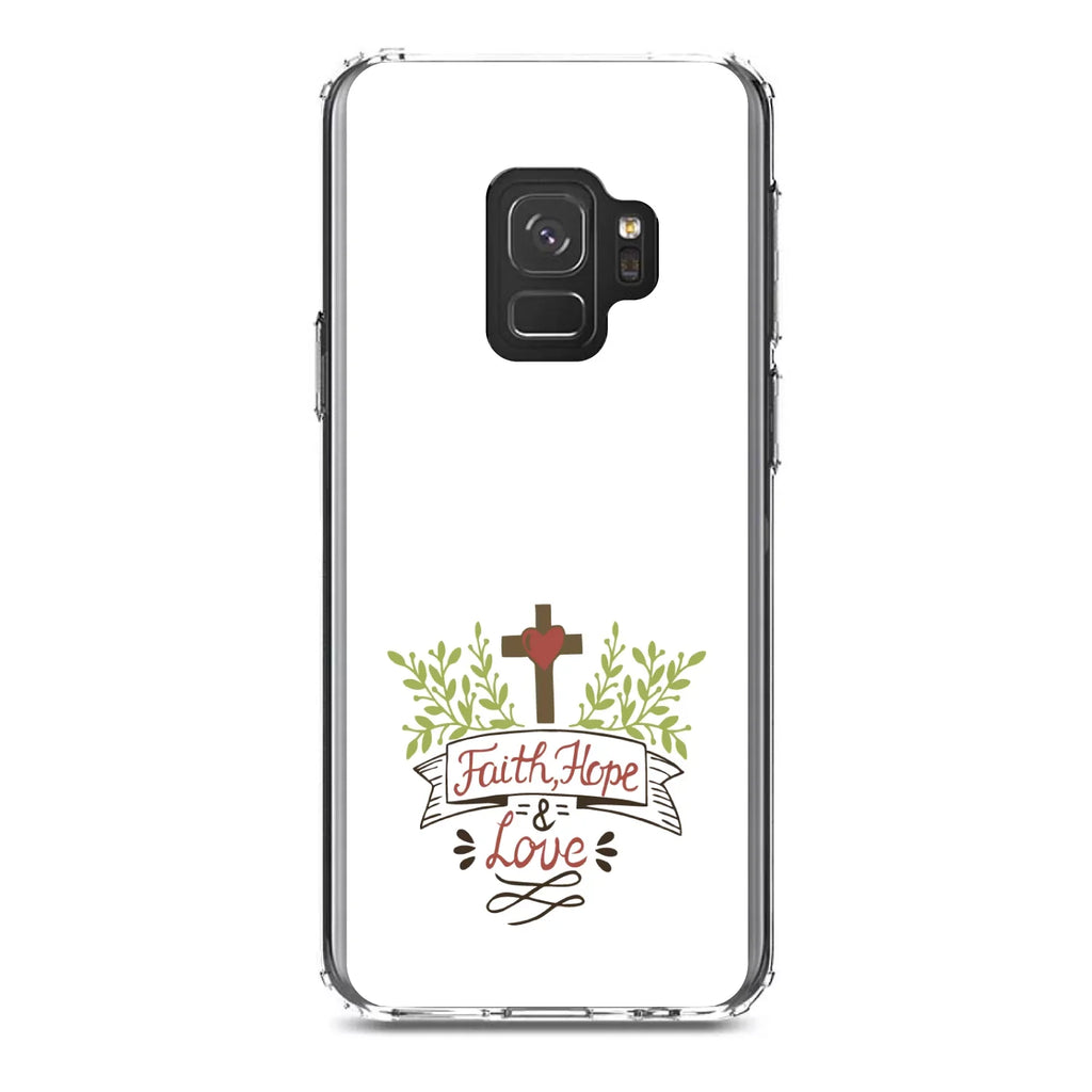 DistinctInk Clear Shockproof Hybrid Case for Galaxy S9 (5.8" Display - TPU Bumper, Acrylic Back, Tempered Glass Monitor Protector - Faith, Hope & Love - Cross & Leaves