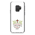 DistinctInk Clear Shockproof Hybrid Case for Galaxy S9 (5.8" Display - TPU Bumper, Acrylic Back, Tempered Glass Monitor Protector - Faith, Hope & Love - Cross & Leaves