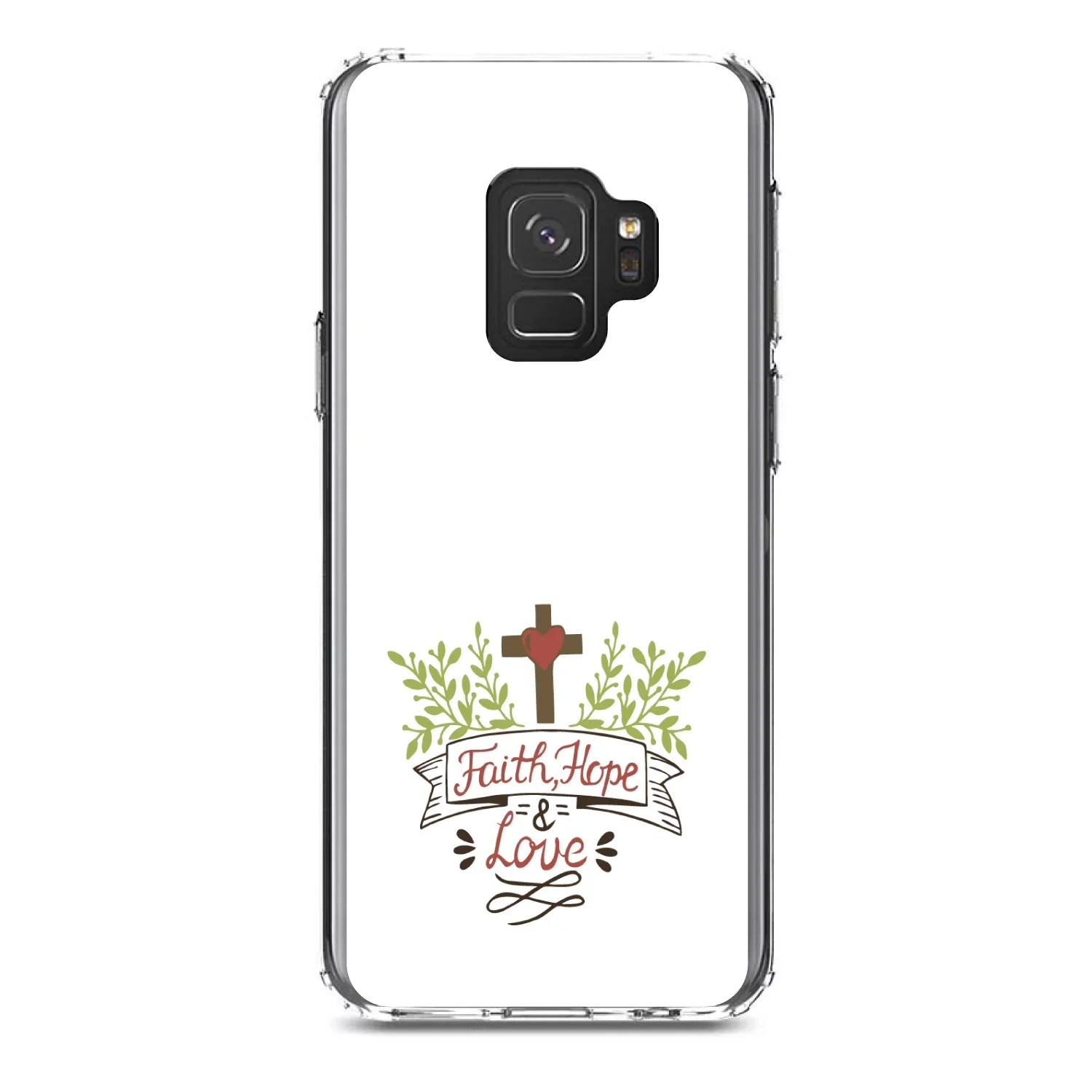 DistinctInk Clear Shockproof Hybrid Case for Galaxy S9 (5.8" Display - TPU Bumper, Acrylic Back, Tempered Glass Monitor Protector - Faith, Hope & Love - Cross & Leaves