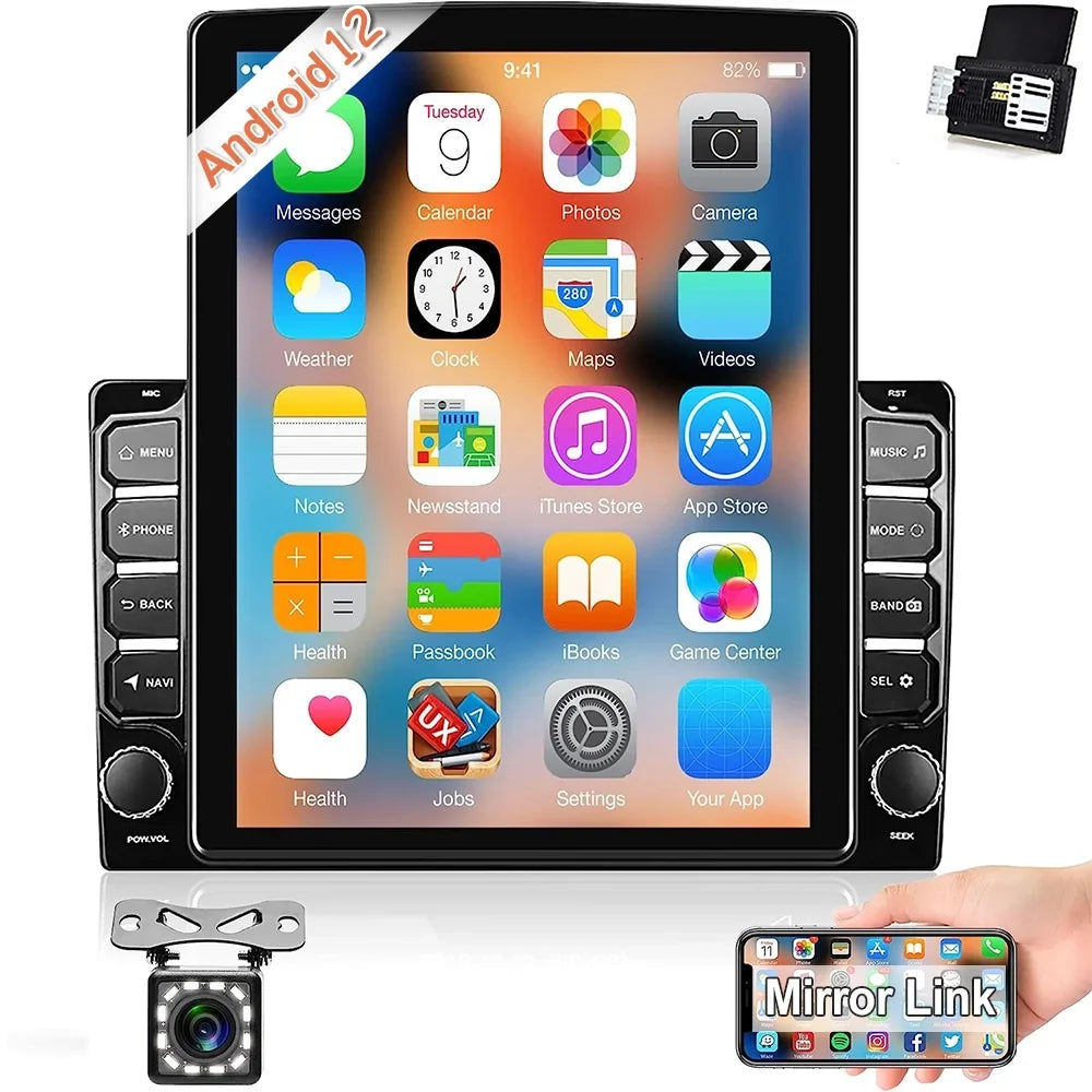 Podofo Double 2 Din 9.7 inch Vertical Touch Monitor Car Stereo Radio Android 12 Mirror Link GPS Navi Bluetooth Wifi GPS FM USB with Backup Camera