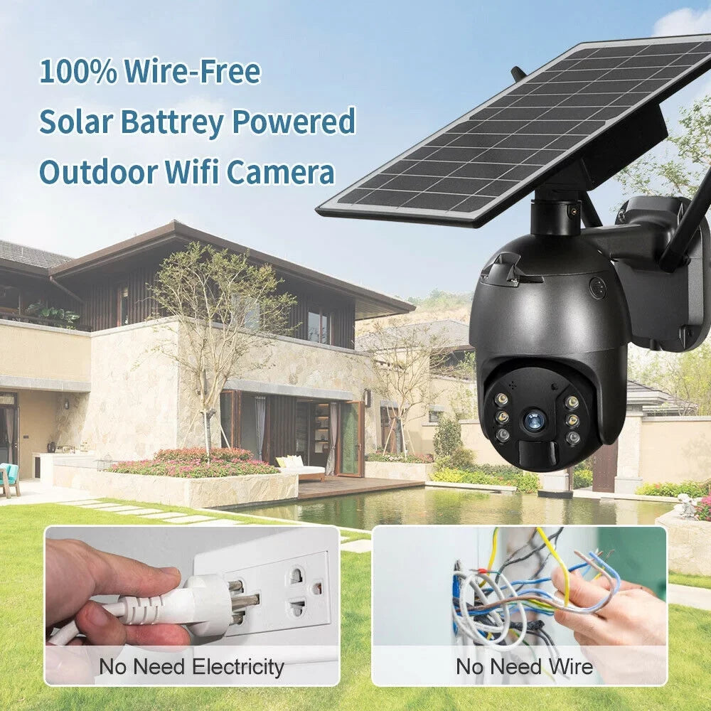 DFITO Wireless Solar Security Camera, 1080P HD Outdoor Camera WIFI PTZ Surveillance Security Camera CCTV IP66 Liquid AI Human Detection, 2-Way Audio, PIR Motion Detection