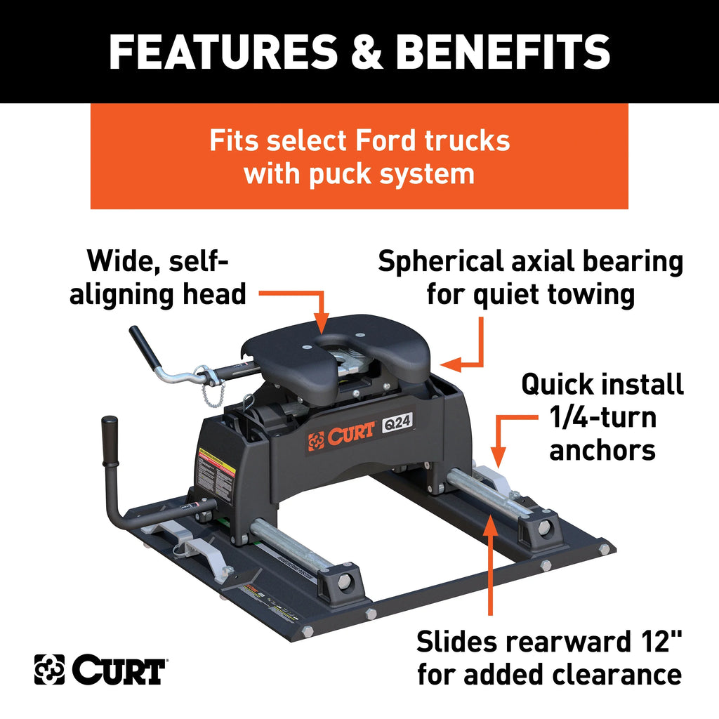 CURT 16678 Q24 5th Wheel Slider Hitch, 24,000 lbs, Select Ford F-250, F-350, F-450, 6.75-Foot Bed Puck System