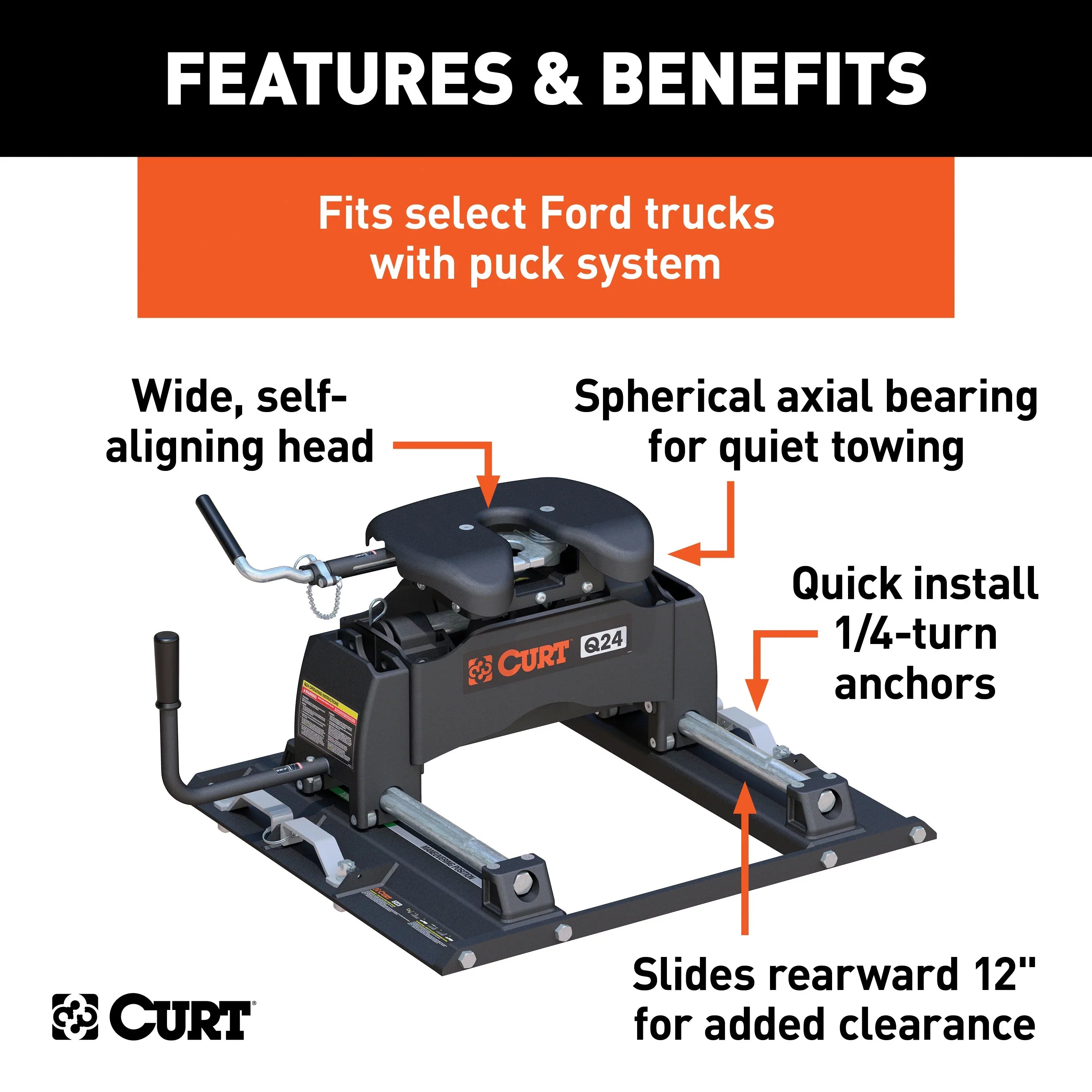CURT 16678 Q24 5th Wheel Slider Hitch, 24,000 lbs, Select Ford F-250, F-350, F-450, 6.75-Foot Bed Puck System