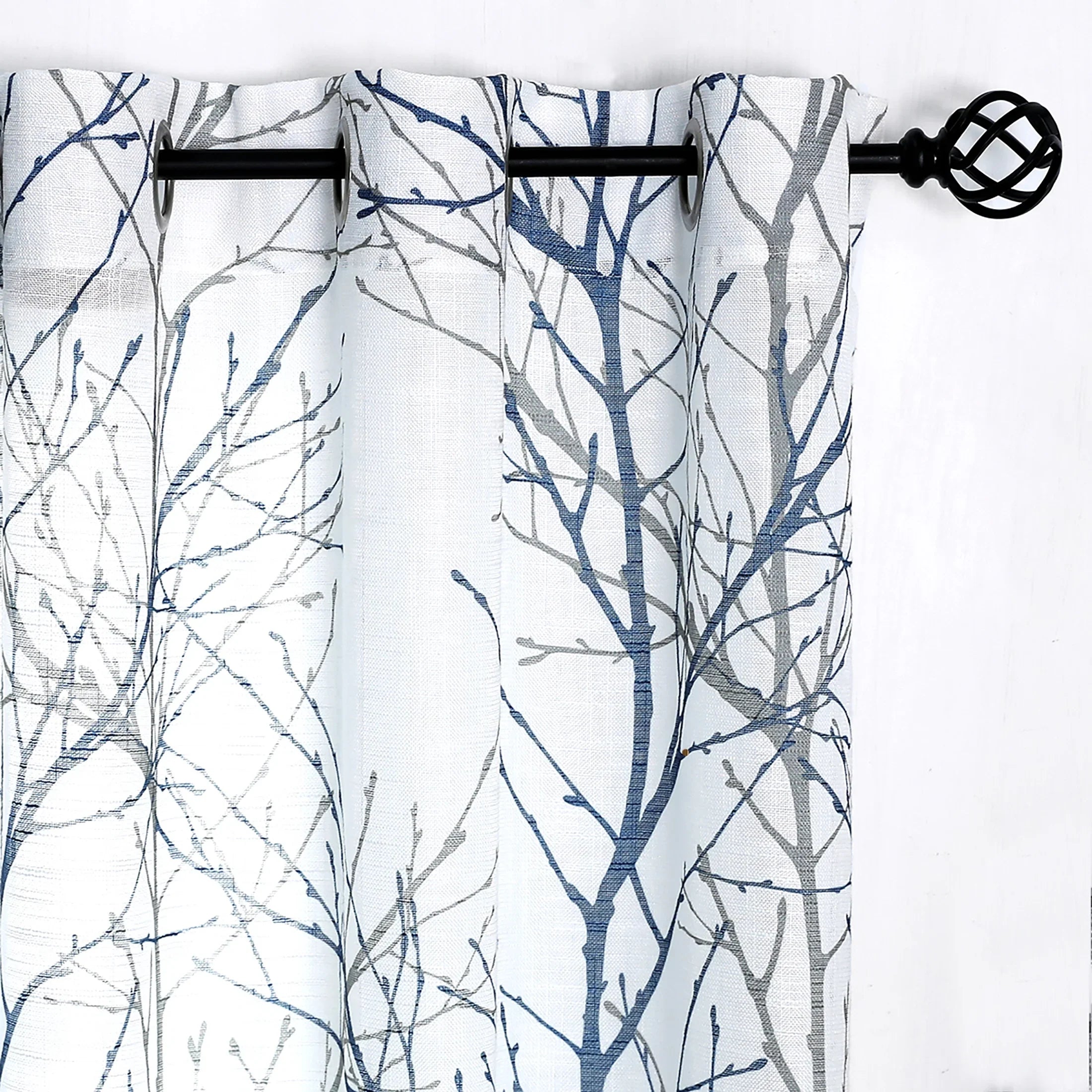 Decoultimatex White Sheer Curtain for Living Room Blue Gray Tree Branches Print Window Curtain Panels Set Linen Textured Semi Sheer Drapes for Bedroom, Grommet, 52"x84"x2