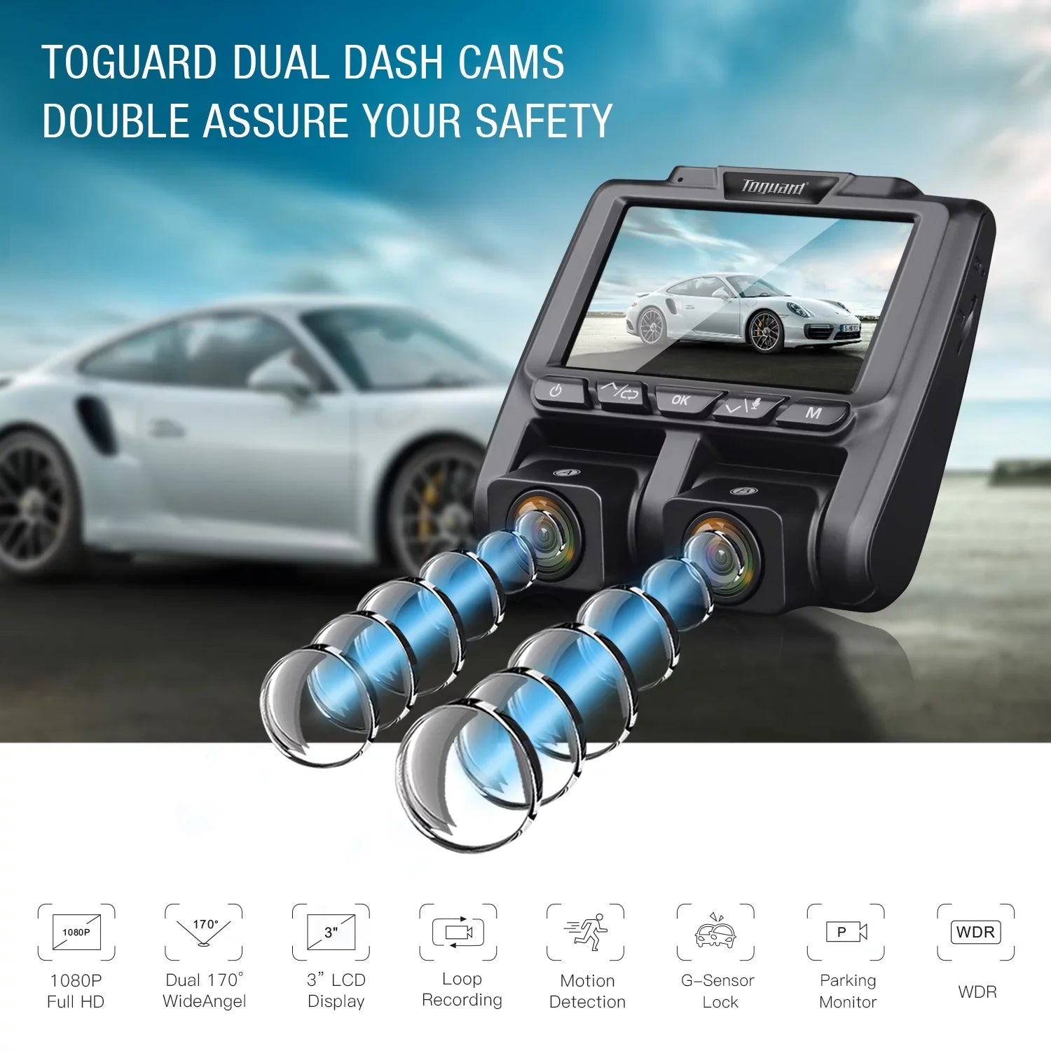 TOGUARD Dual Dash Cam Front and Inside 1080P Dash Camera 3" LCD Monitor Car Camera with IR Night Vision Parking Monitor, G-Sensor, Loop Recording