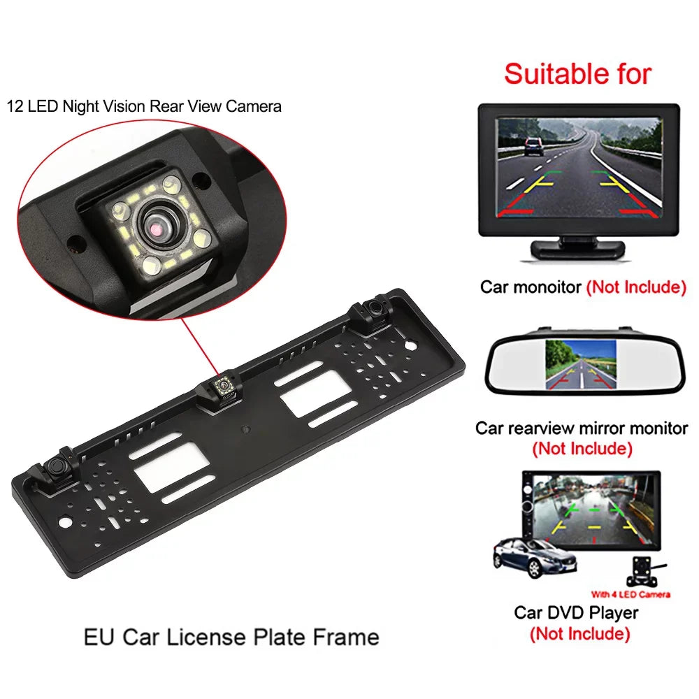 Apexeon European License Plate Frame Rear View Camera, Car Backup Camera with Reversing System, Parking Sensor