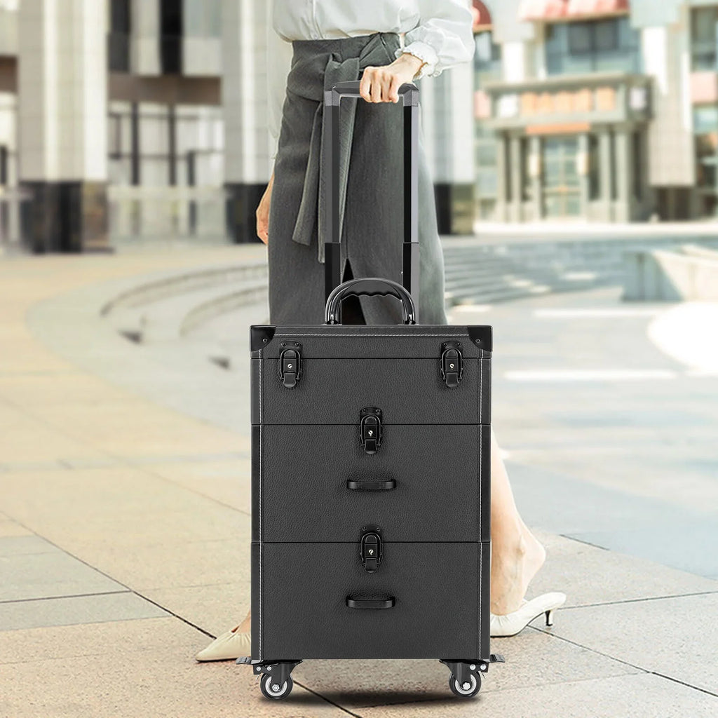 ZhdnBhnos Makeup Train Case Rolling Cosmetic Trolley Nail Polish Storage Organizer Luggage Box w/ 4 Wheels & Lock (Black)