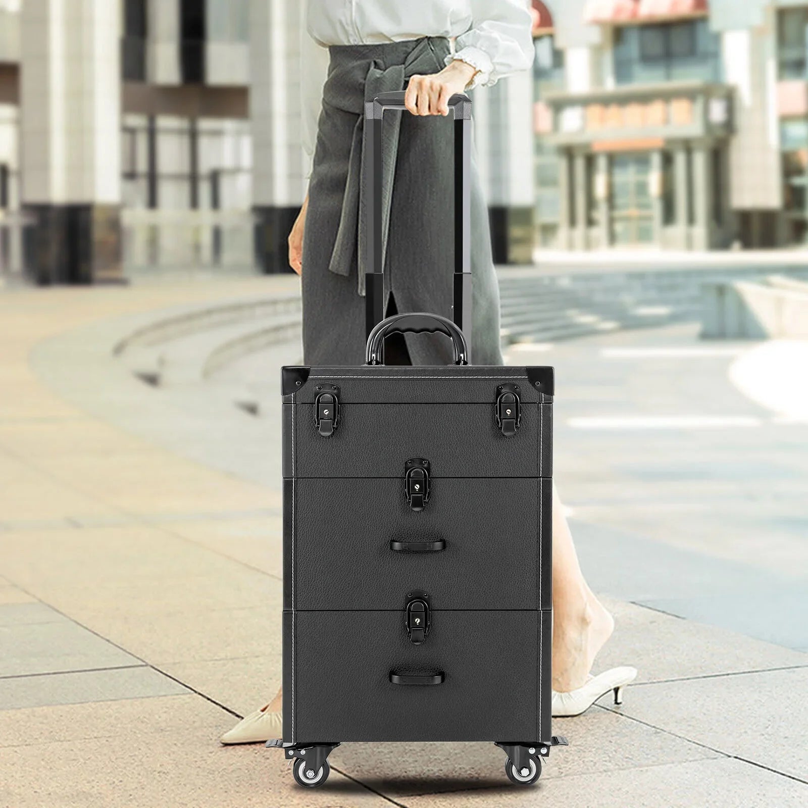 ZhdnBhnos Makeup Train Case Rolling Cosmetic Trolley Nail Polish Storage Organizer Luggage Box w/ 4 Wheels & Lock (Black)