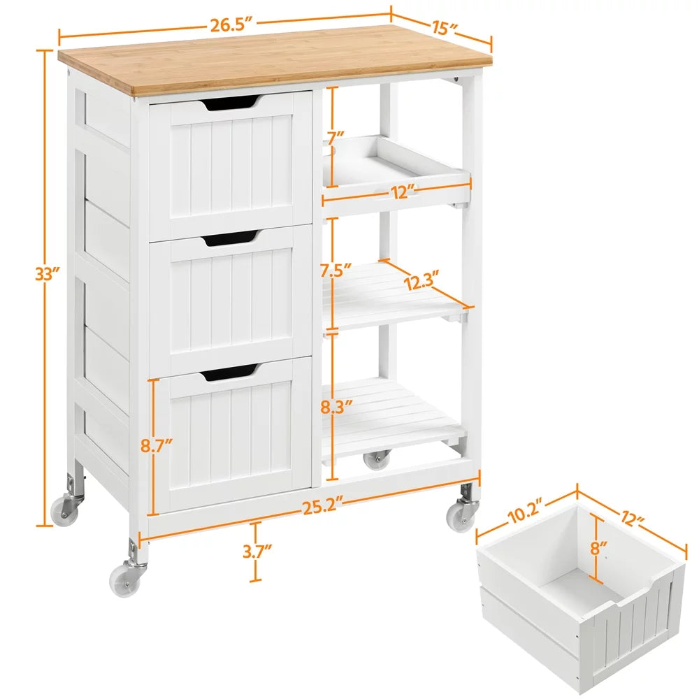 Easyfashion 33" H Storage Serving Cart with 3 Drawers for Kitchen Bar, White