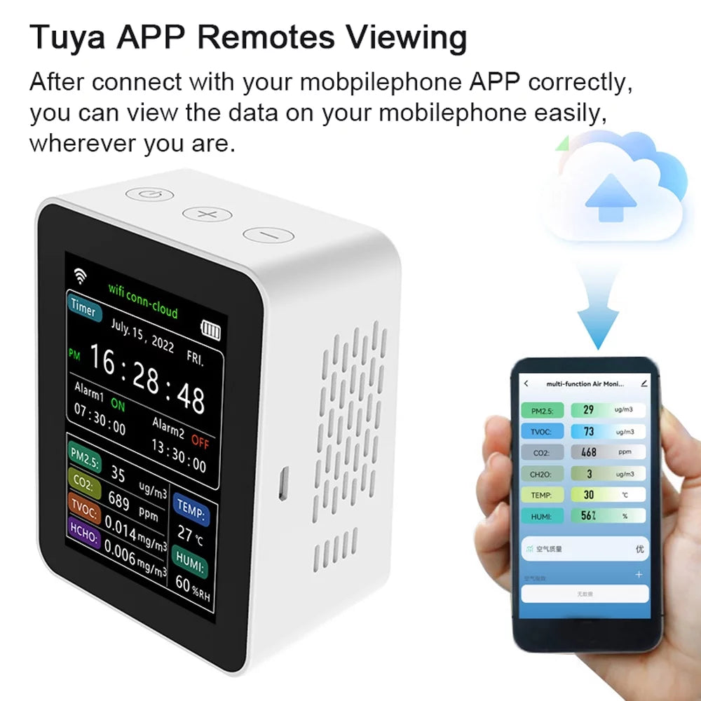 Wifi Processor Air Quality Detector Pm2.5 Co2 Tvoc Hcho Temperature Humidity 6 In 1 Detector Time Date Week Display Mobilephone App Remotes Viewing 2 Sets Alarm Clock Home Indoor Desk