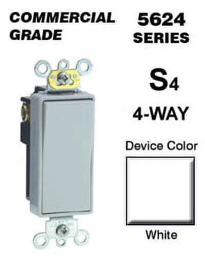 Leviton 5624-2W 20A 120/277VDecora Plus Rocker 4-Way AC Quiet Switch, White