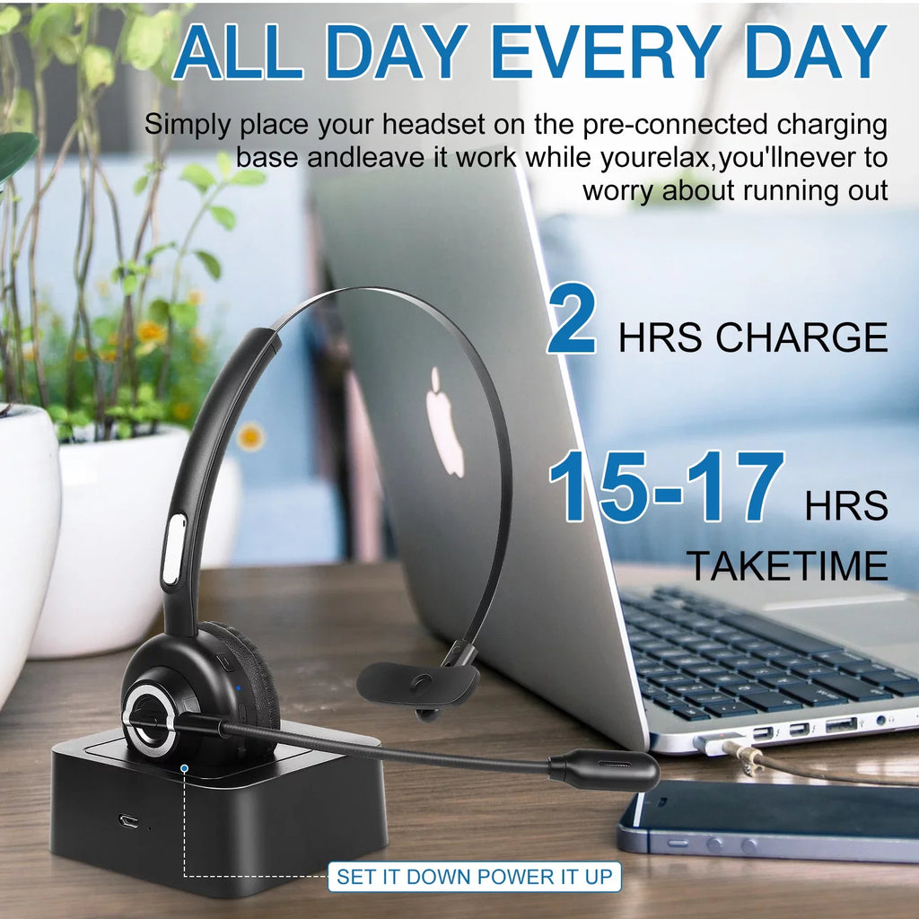 Comfortable Bluetooth Headset, UX-M97 Wireless Headset with Microphone, Wireless Cell Phone Headset with Noise Isolation Mic Charging Base Mute Function for Oppo RX17 Pro With Charging Dock