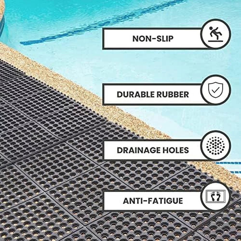 Interlocking Rubber Floor Mat For Restaurant Kitchen Floor Anti Fatigue Bar Door Mat Non-Slip Indoor Outdoor Shower Pool Drainage, Sturdy Garage Flooring 36 X 36 Inch