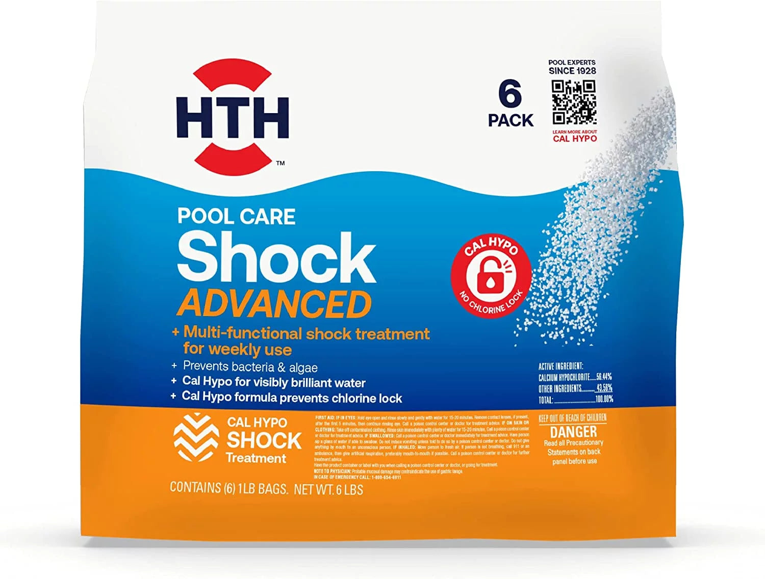 HTH Pool Care Shock Advanced, Swimming Pool Chemical Prevents Bacteria & Algae, Cal Hypo Formula, 1 lb (Pack of 6)