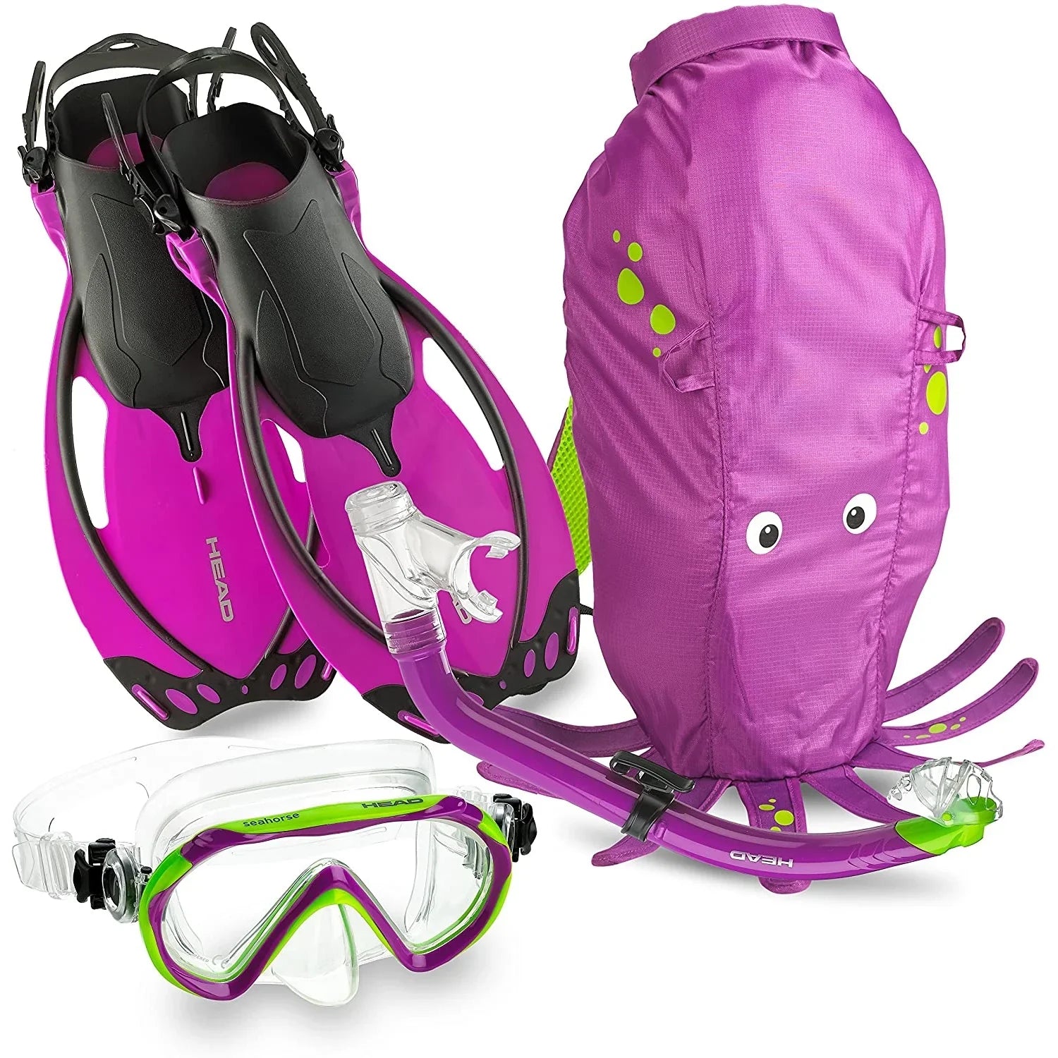 HEAD 480315SFSQULXL Premium Youth Sea Pals Snorkel Mask & Fins Set, Purple, LXL