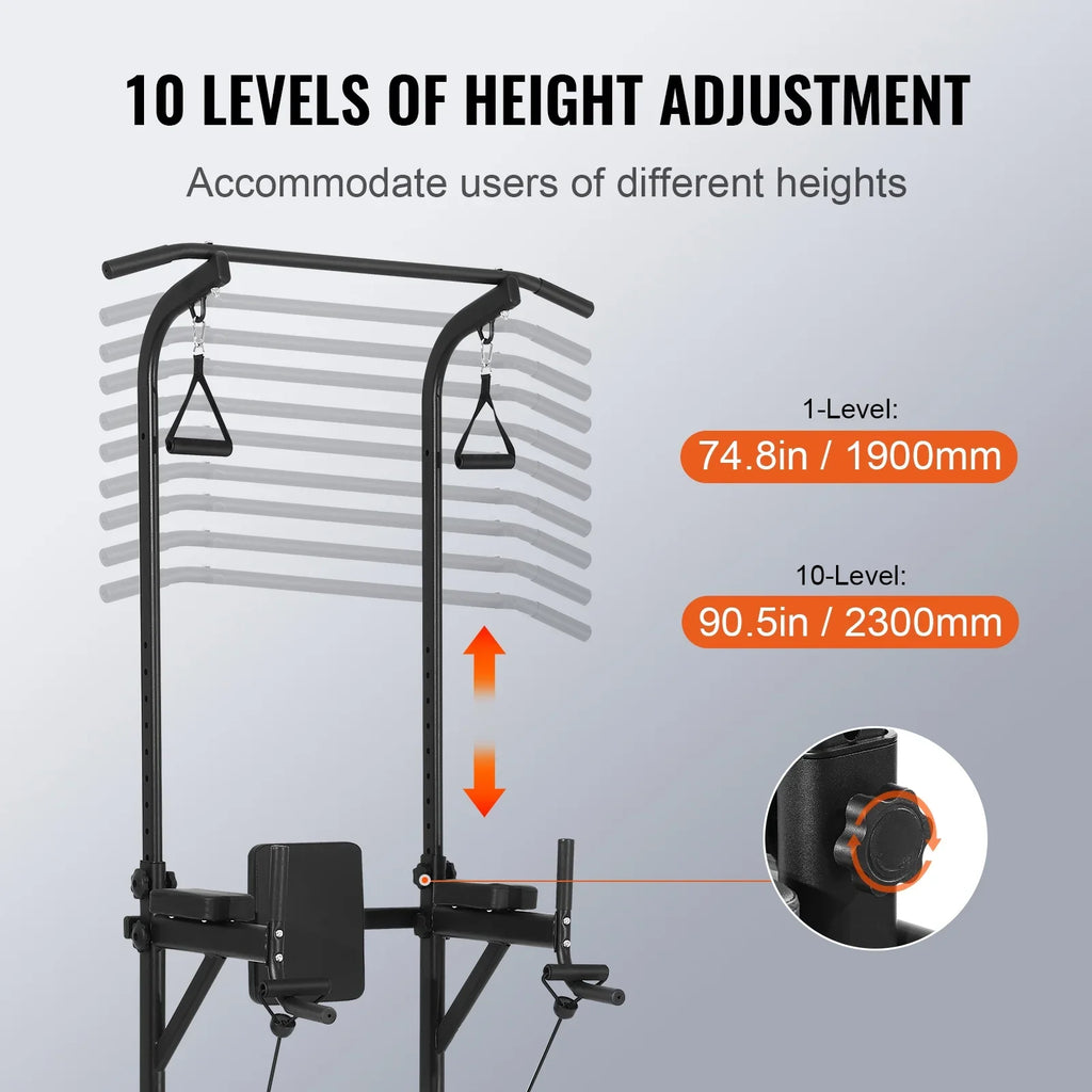 SKYSHALO Power Tower Dip Station, Heavy Duty Carbon Steel Frame Pull Up Bar Stand Power Rack w/ Backrest Elbow Pad, Height Adjustable Strength Training Equipment for Fitness Home Workout