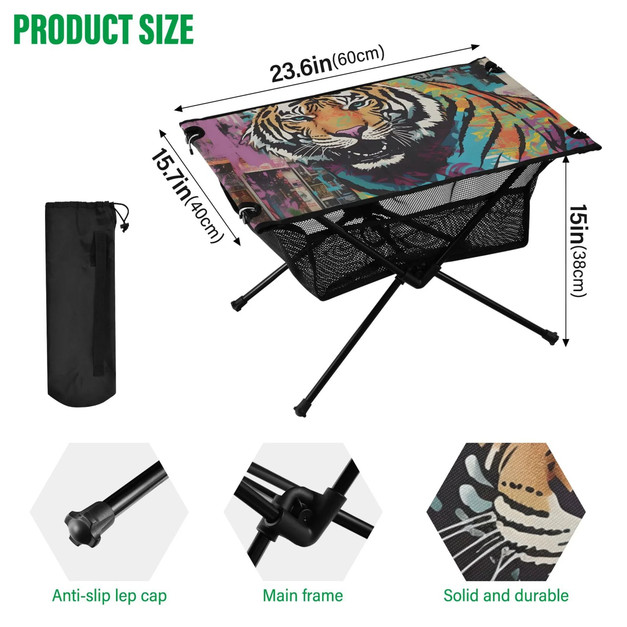 Tiger Abstract Camping Foldable Portable Table Beach Table with Storage Bag Compact Picnic Table for Outdoor Hiking Fishing BBQ