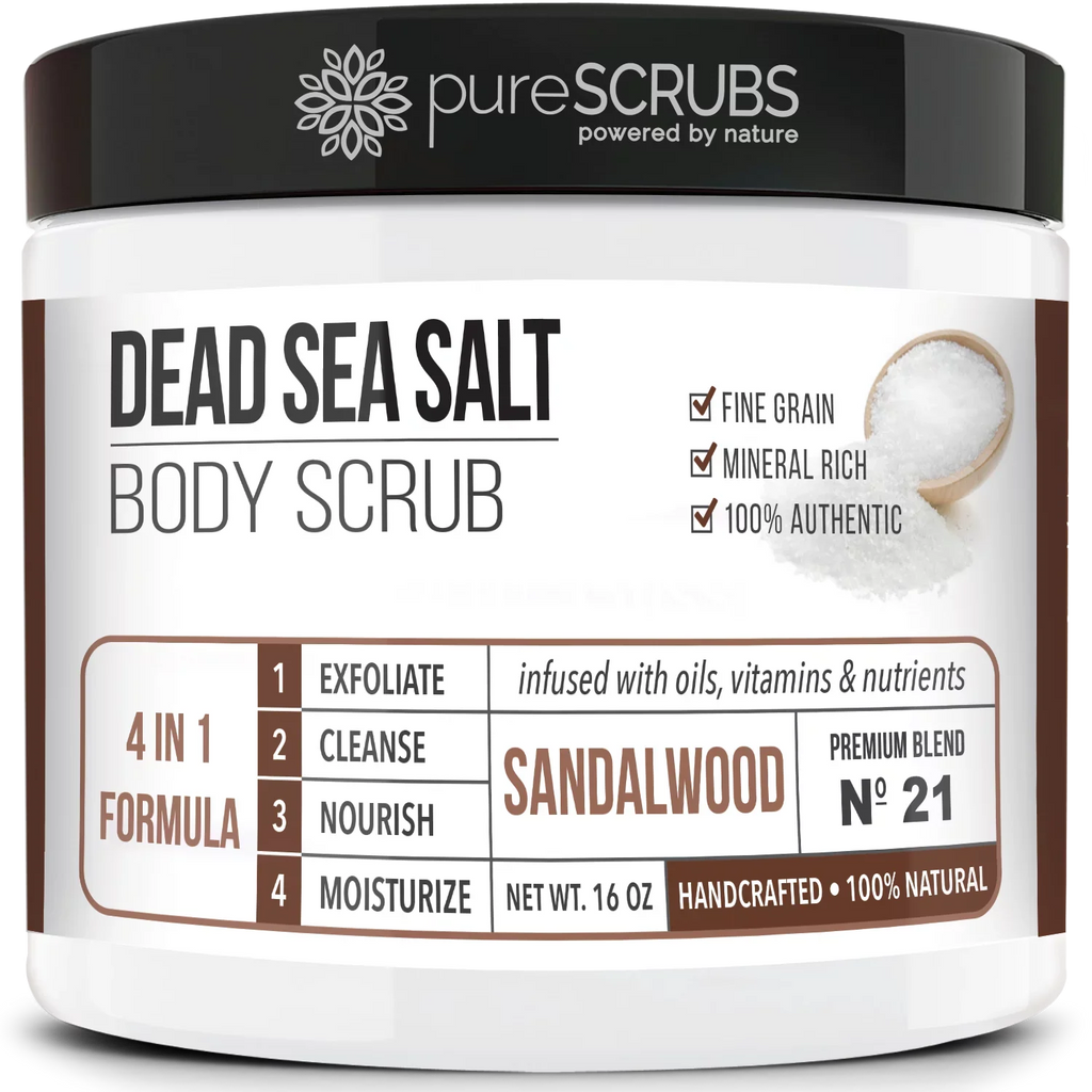 pureSCRUBS Premium Organic Body Scrub Set - Large 16oz SANDALWOOD BODY SCRUB - Pure Dead Sea Salt Refurbished Organic Essential Oils & Nutrients + FREE Wooden Spoon, Loofah & Mini Exfoliating Bar Soap