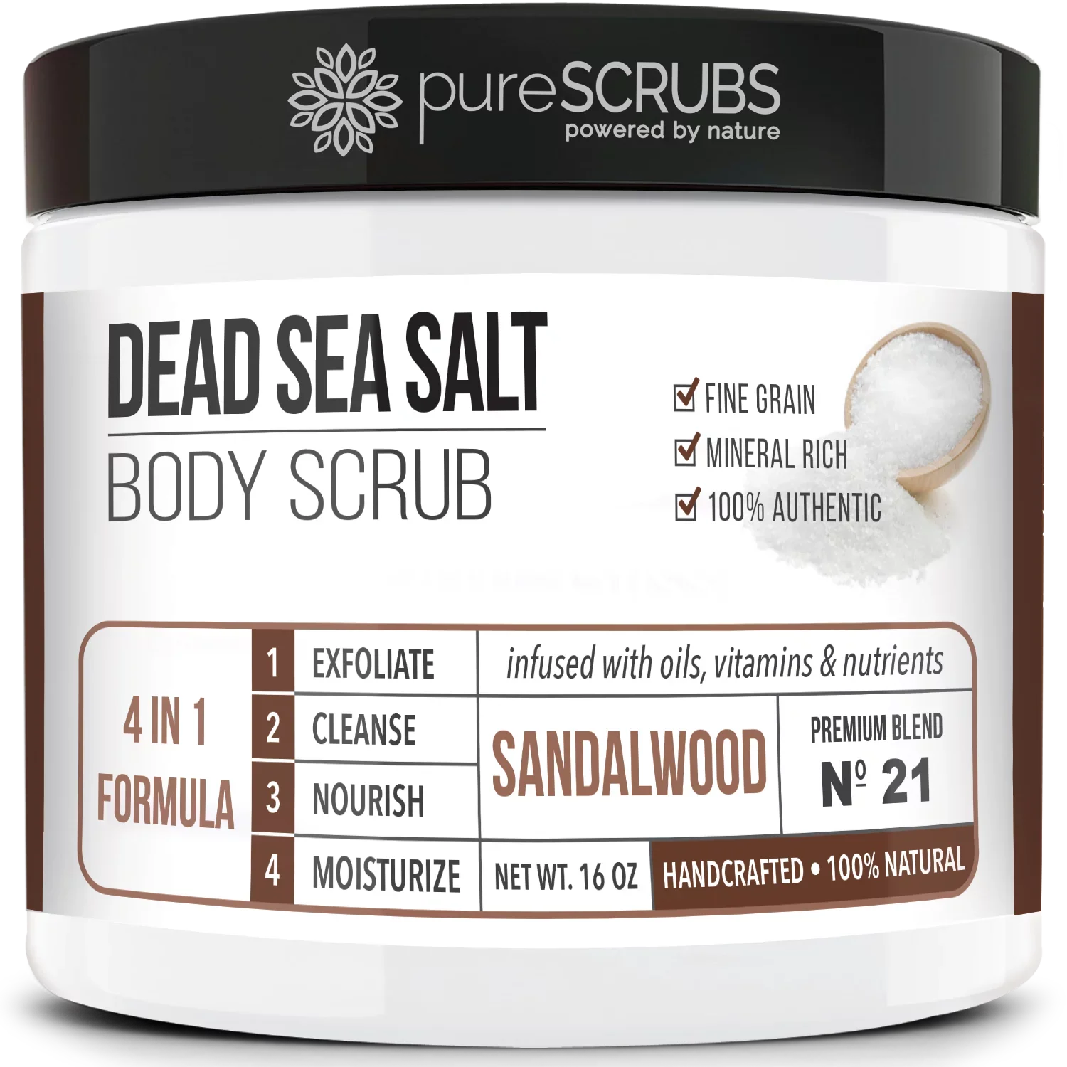 pureSCRUBS Premium Organic Body Scrub Set - Large 16oz SANDALWOOD BODY SCRUB - Pure Dead Sea Salt Refurbished Organic Essential Oils & Nutrients + FREE Wooden Spoon, Loofah & Mini Exfoliating Bar Soap