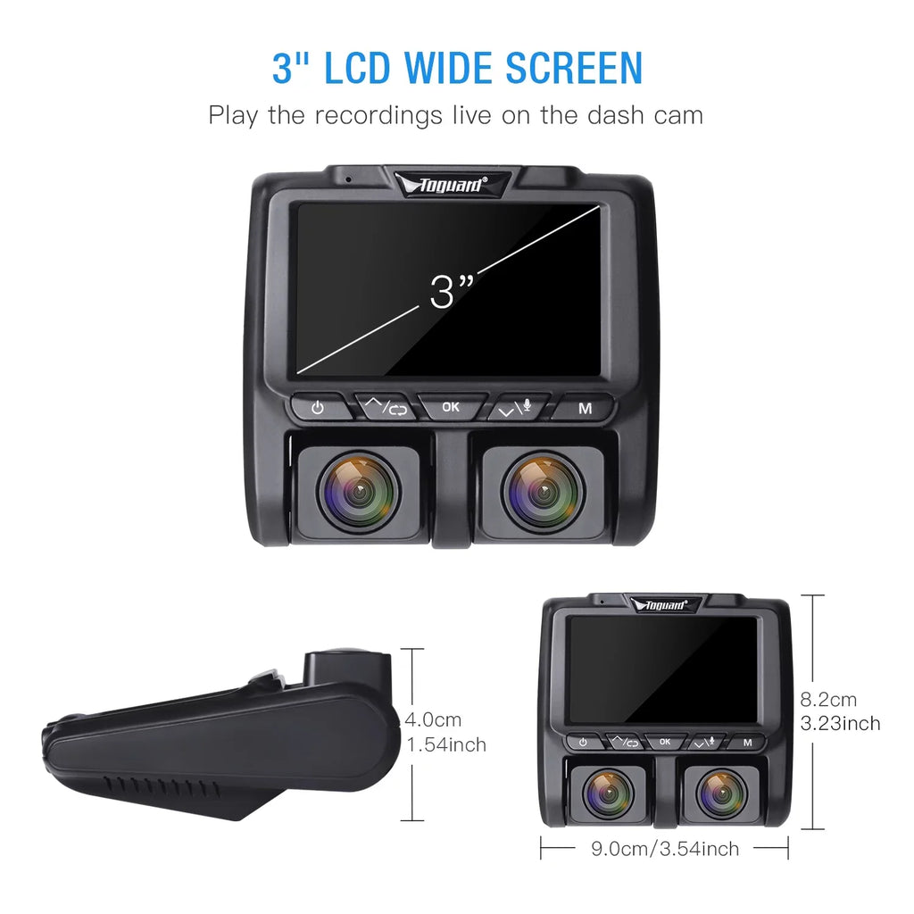 TOGUARD Dual Dash Cam Front and Inside 1080P Dash Camera 3" LCD Monitor Car Camera with IR Night Vision Parking Monitor, G-Sensor, Loop Recording