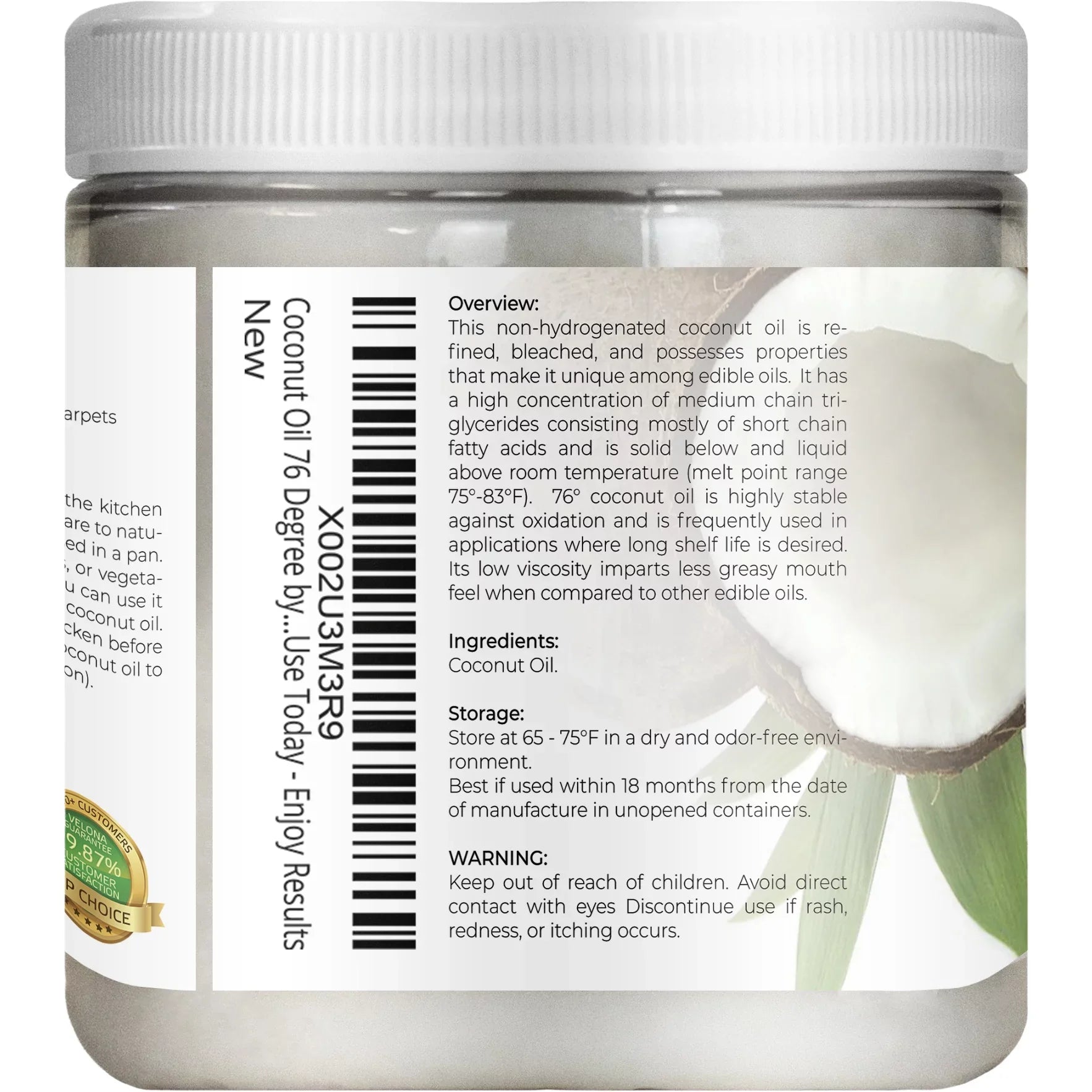 Velona Coconut Oil 76 Degree - 24 oz | 100% Pure and Natural Carrier Oil | in jar | Refined, Cold pressed | Skin, Face, Body, Hair Care