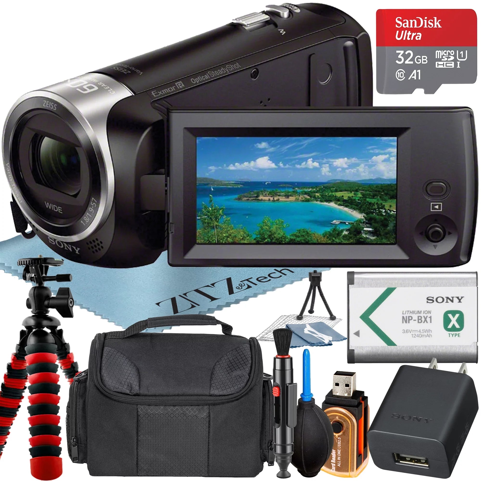 HDR-CX405 HD Handycam Camcorder Video Recording with 32GB Micro SD Memory Card + Case + Tripod + ZeeTech Accessory Bundle