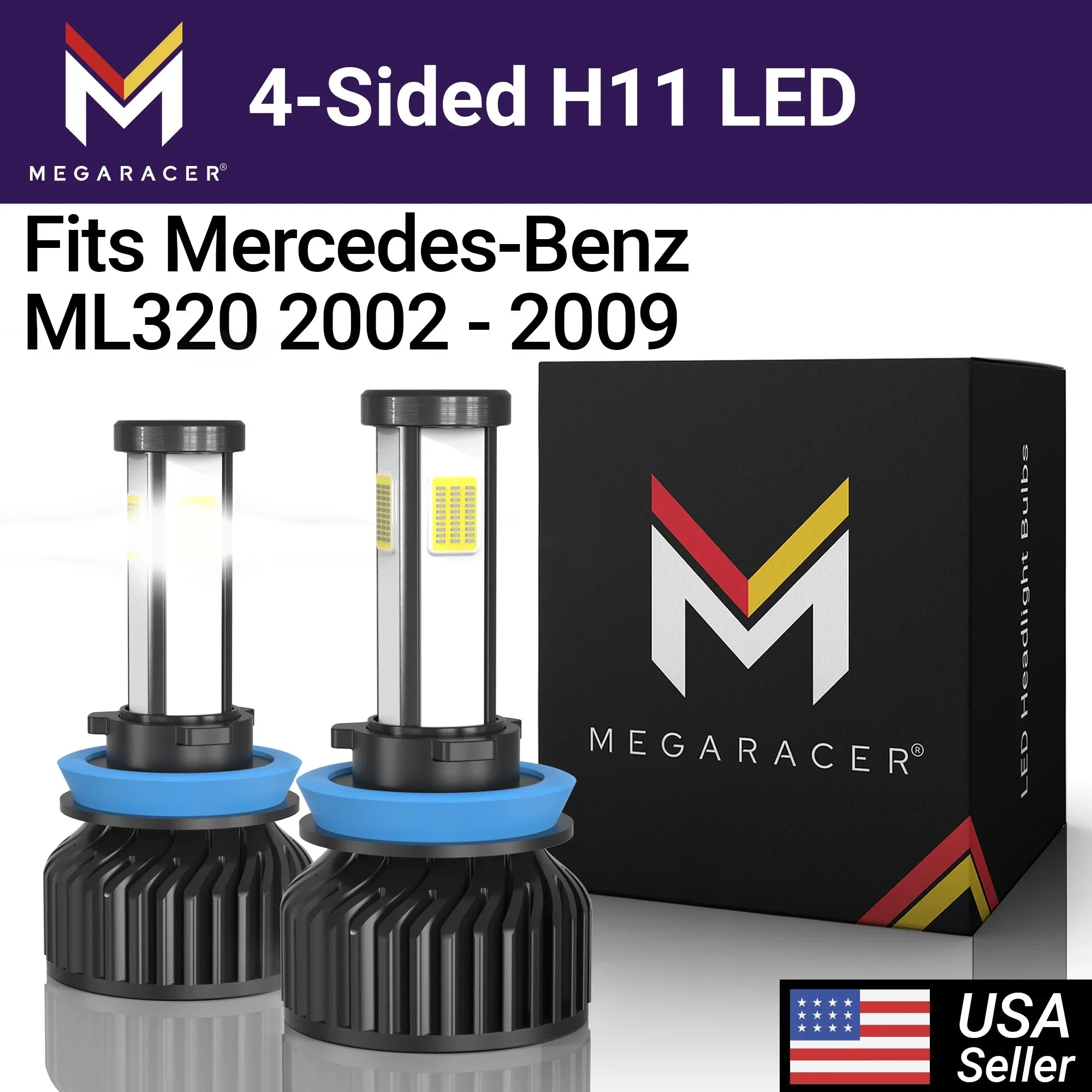 Mega Racer Mercedes-Benz ML320 4 Sided H11 H9 H8 LED Headlight Bulbs 6000K Diamond White 12V 60W 10000LM Mercedes-Benz ML320 2002 2003 2008 2009 02 03 08 09 Fog Light Automotive Replacement
