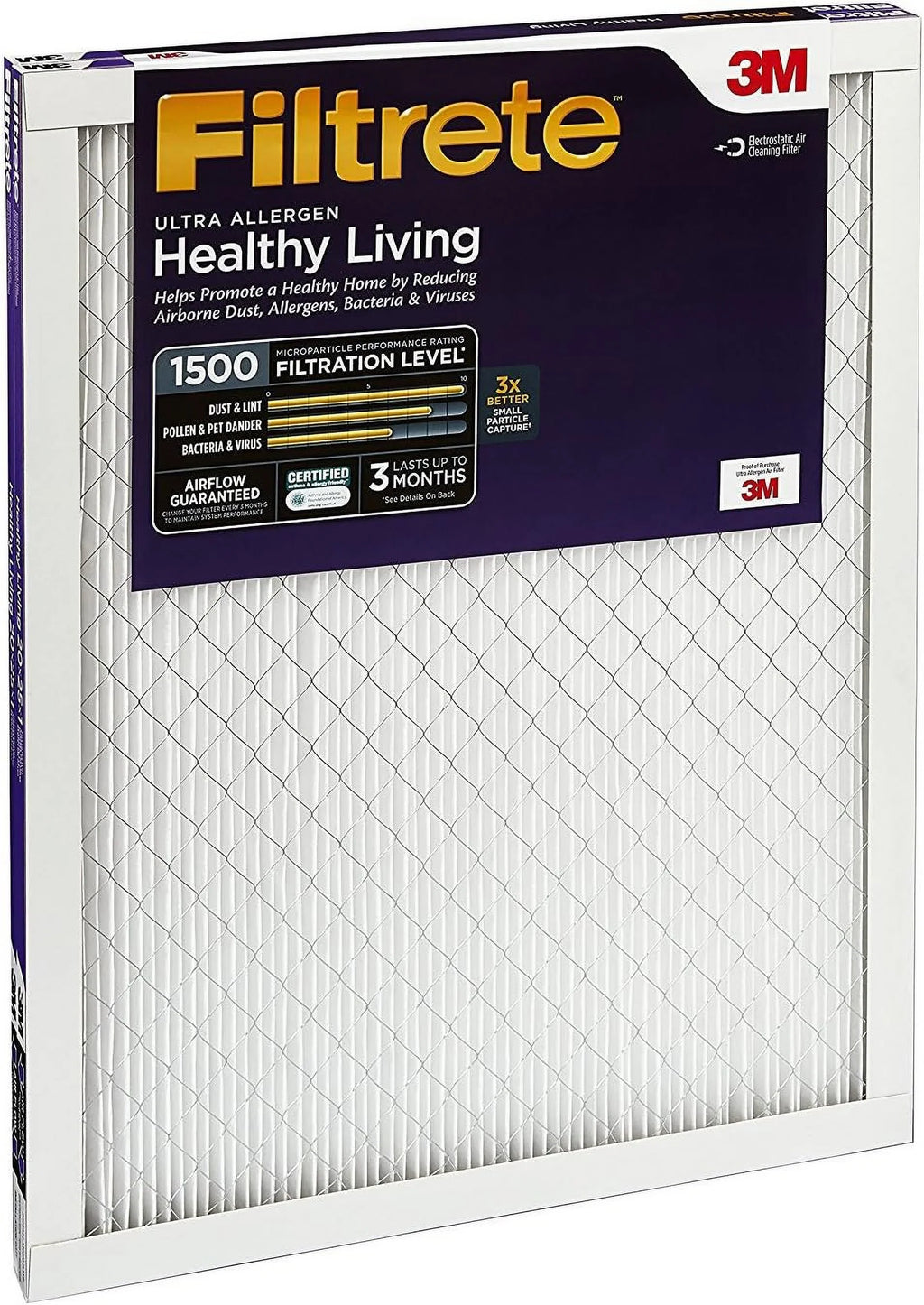 Filtrete 16x24x1 Air Filter, MPR 1500, MERV 12, Healthy Living Ultra-Allergen 3-Month Pleated 1-Inch Air Filters, 2 Filters