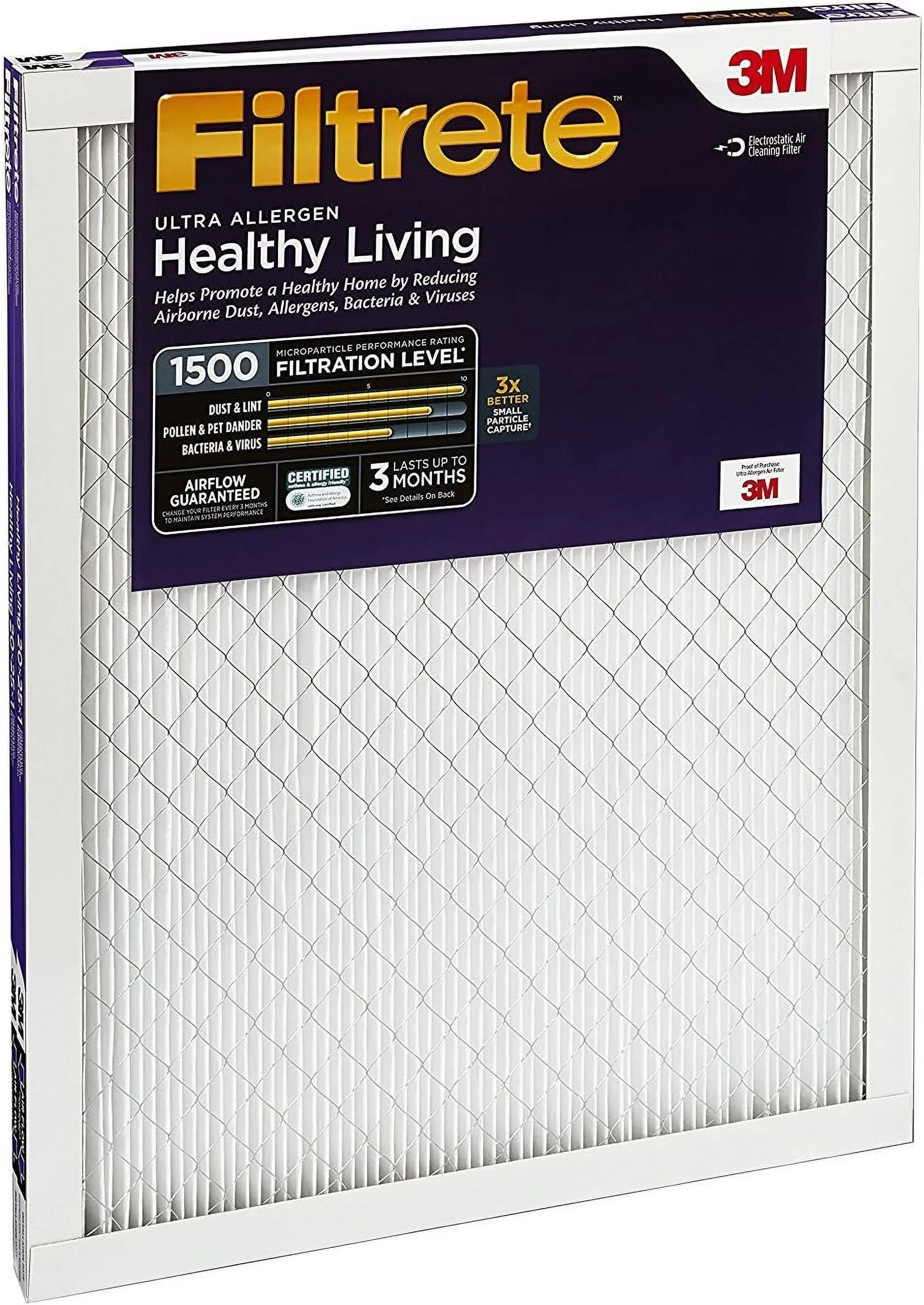Filtrete 16x24x1 Air Filter, MPR 1500, MERV 12, Healthy Living Ultra-Allergen 3-Month Pleated 1-Inch Air Filters, 2 Filters