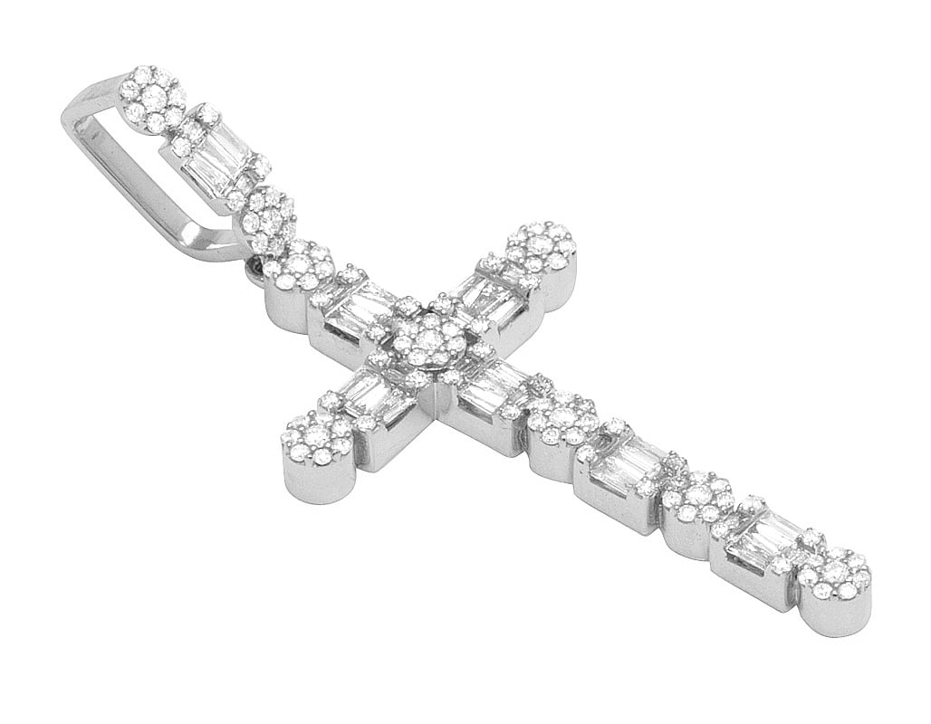 Unisex 10K White Gold Real Diamond Flower Cluster Baguette Cross 2" 1.2CT