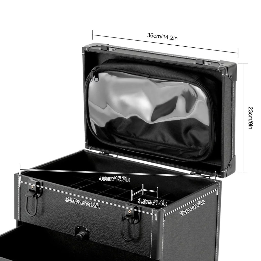 ZhdnBhnos Makeup Train Case Rolling Cosmetic Trolley Nail Polish Storage Organizer Luggage Box w/ 4 Wheels & Lock (Black)