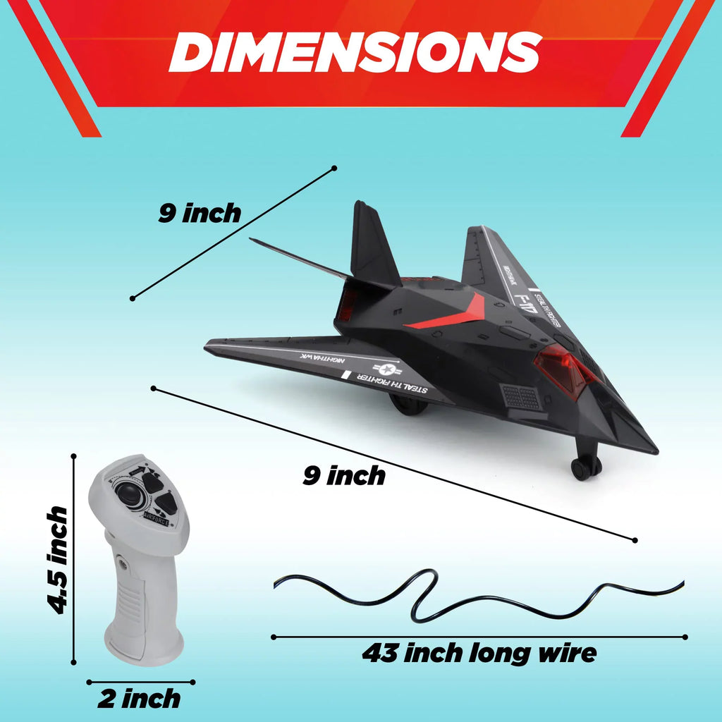 Playkidiz Wired Remote Control Plane, with Lights & Sounds Stealth Fighter Airplane Toy with 43" Wire, Ages 3+, Perfect for Toddlers