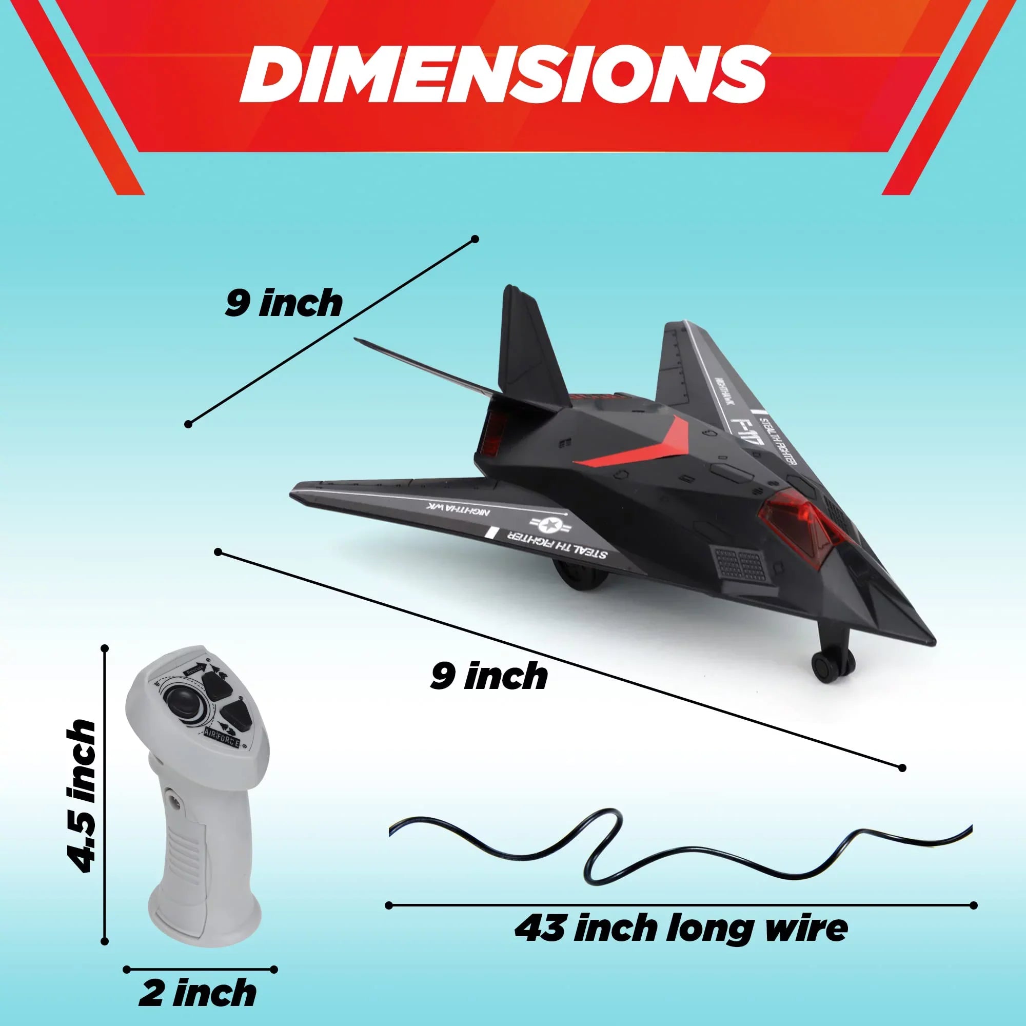 Playkidiz Wired Remote Control Plane, with Lights & Sounds Stealth Fighter Airplane Toy with 43" Wire, Ages 3+, Perfect for Toddlers