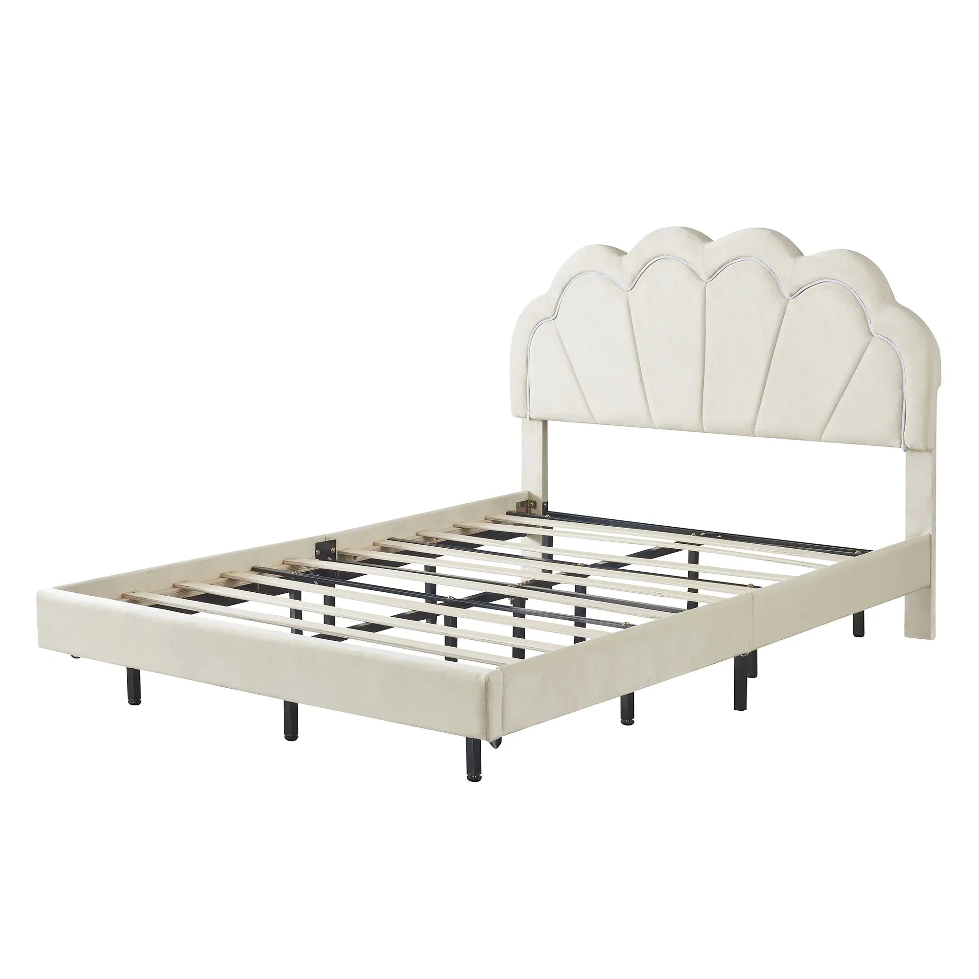 Cosymart Full Upholstered Smart LED Bed Frame with Elegant Flowers Headboard， Floating Velvet Platform LED Bed with Wooden Slats Support， Beige