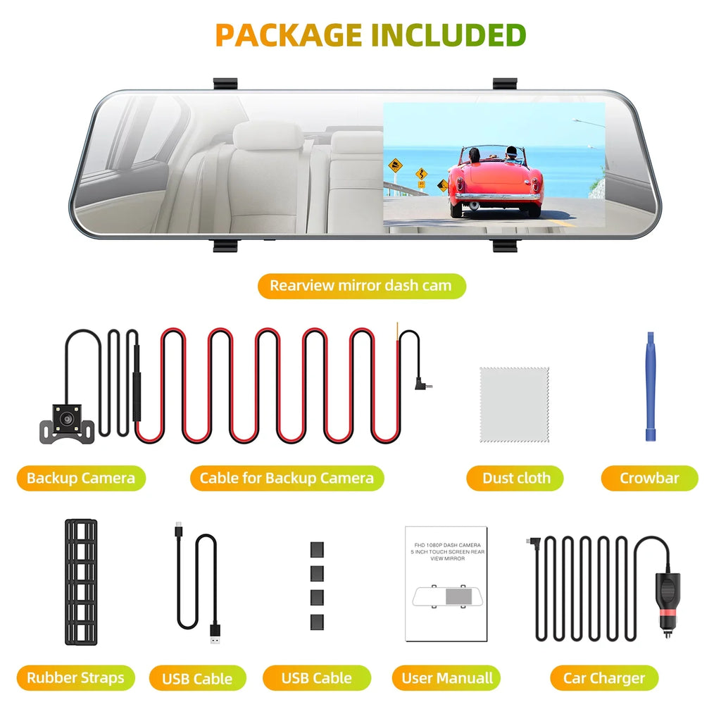 TOGUARD Backup Camera 5" Full HD 1080P Dash Cam Front and Rear Dual Lens with Liquid Rear Camera