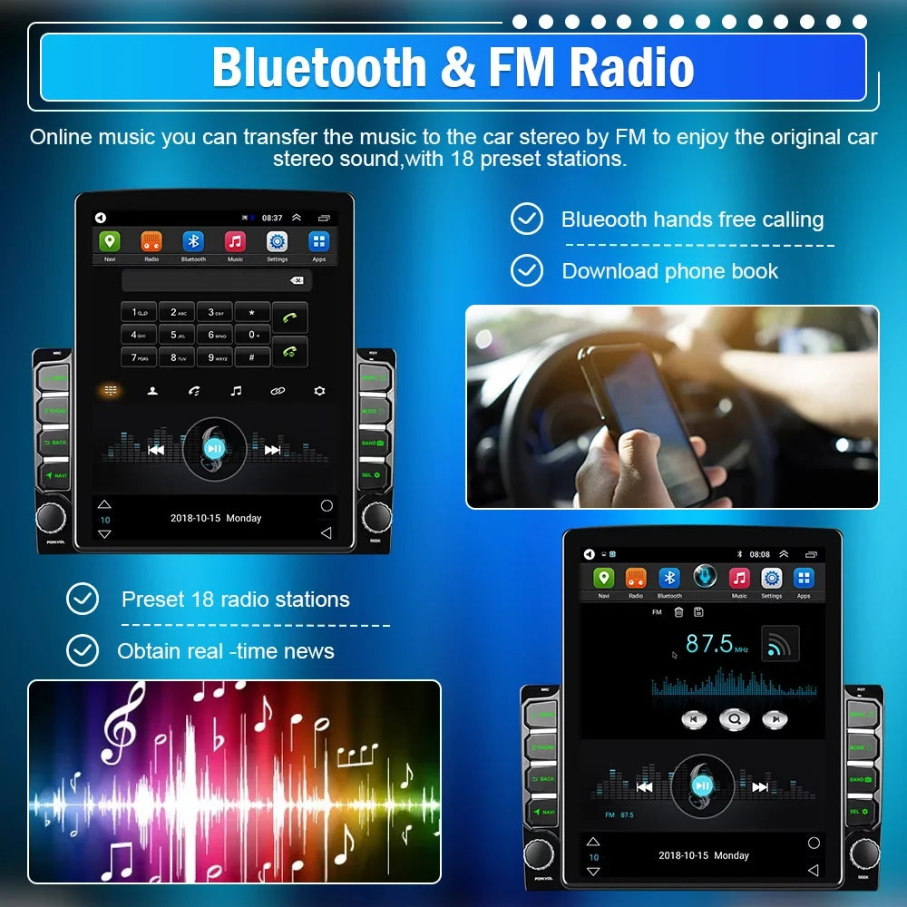 Podofo Double 2 Din 9.7 inch Vertical Touch Monitor Car Stereo Radio Android 12 Mirror Link GPS Navi Bluetooth Wifi GPS FM USB with Backup Camera