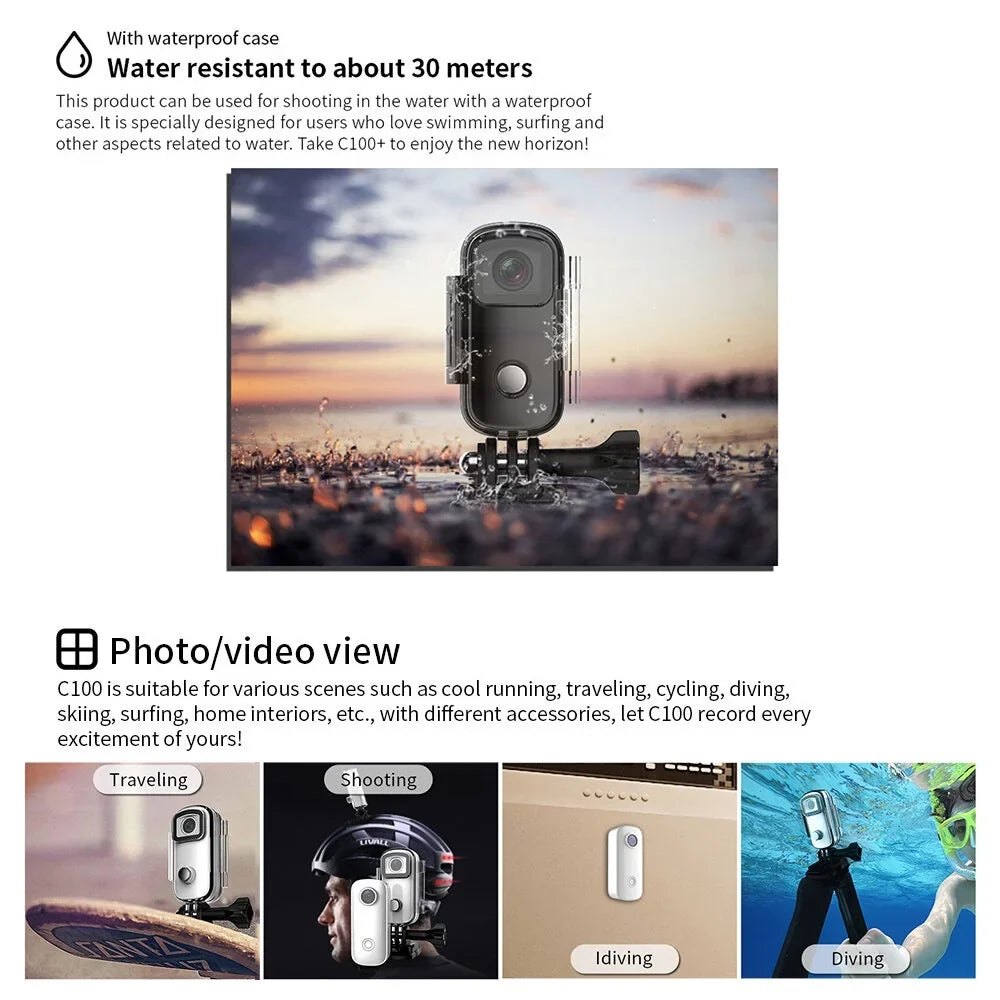 SJCAM C100 Mini Action Camera 1080P/30fps Digital Video Camera 30M Fluid Magnetic Body Built-in Battery WiFi Connection APP Sharing with Fluid Case Back Clip Lanyard