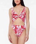 Jessica Simpson Printed Paradiso Palm O-Ring Cut-Out One-Piece Swimsuit: M/Fuchsia Multi