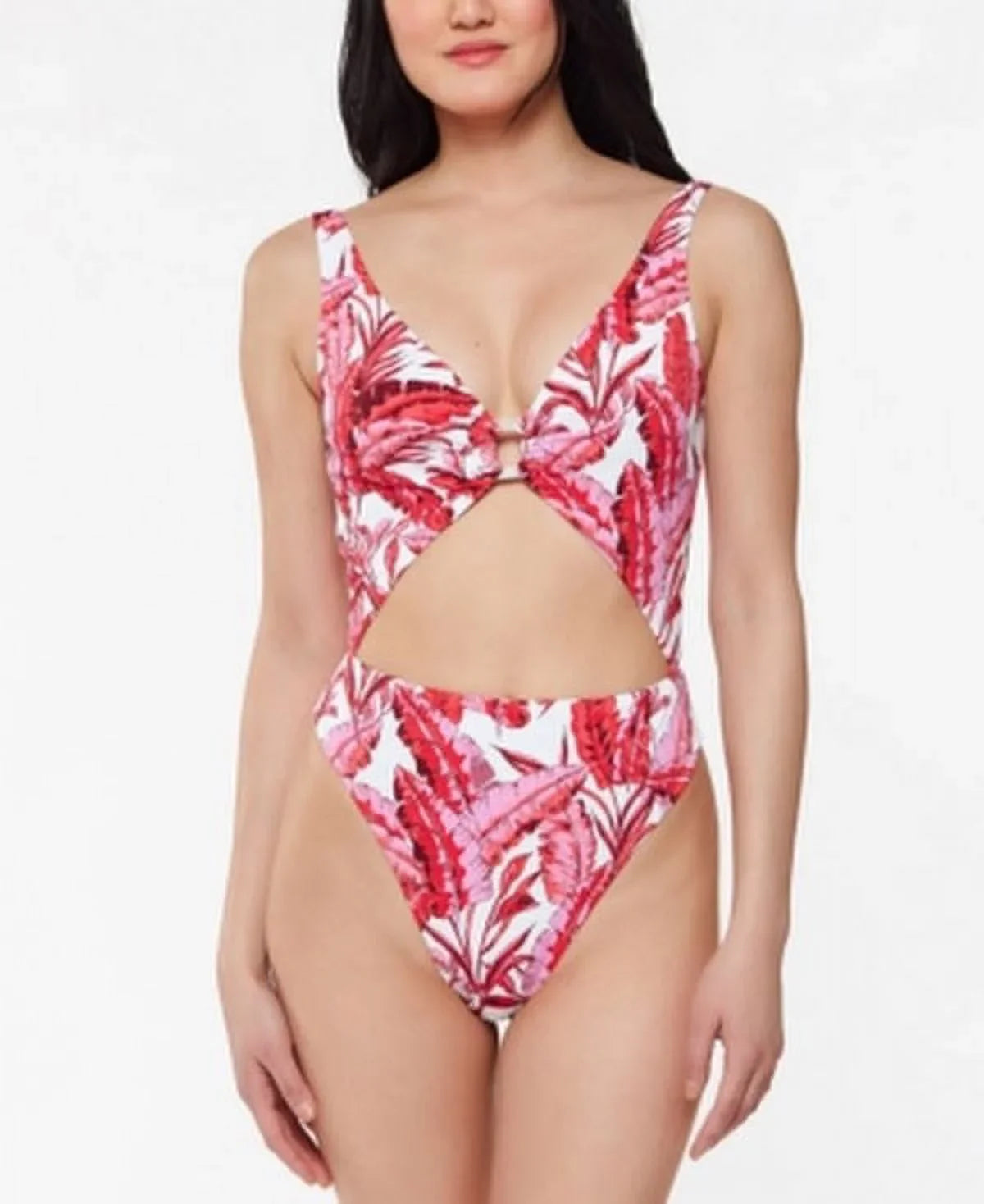 Jessica Simpson Printed Paradiso Palm O-Ring Cut-Out One-Piece Swimsuit: M/Fuchsia Multi